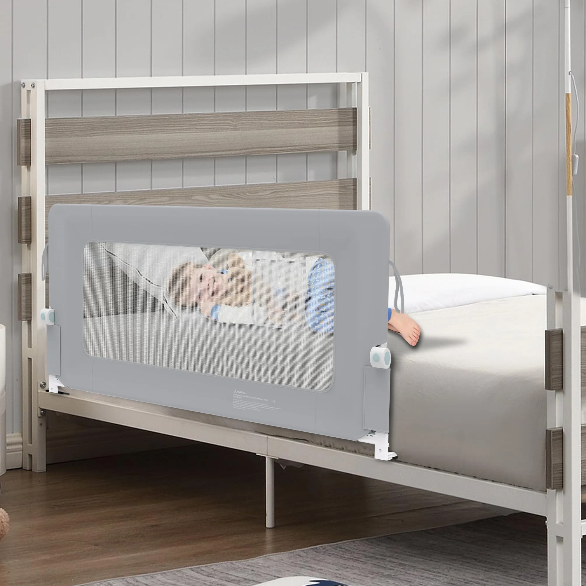 UISEBRT Barierka ochronna do łóżeczka dziecięcego, 150 cm, składana, ochrona przed wypadnięciem, z regulacją wysokości, oddychająca kratka do łóżeczka dziecięcego z torbą do przechowywania, szara