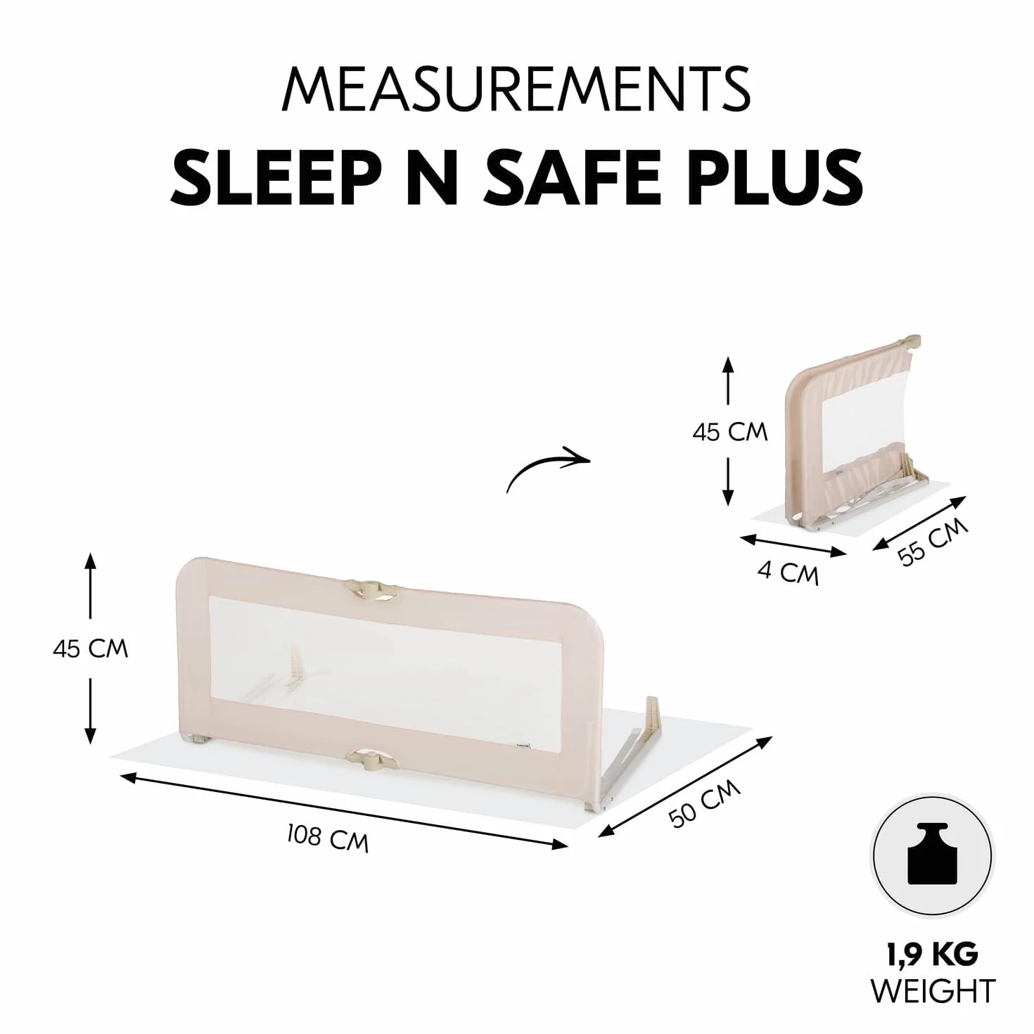 Hauck Sleep N Safe Plus kratka ochronna na łóżko dla niemowląt, dzieci, dorosłych i seniorów, składana, 108 cm długości x 44 cm wysokości, jasnoszare beżowa