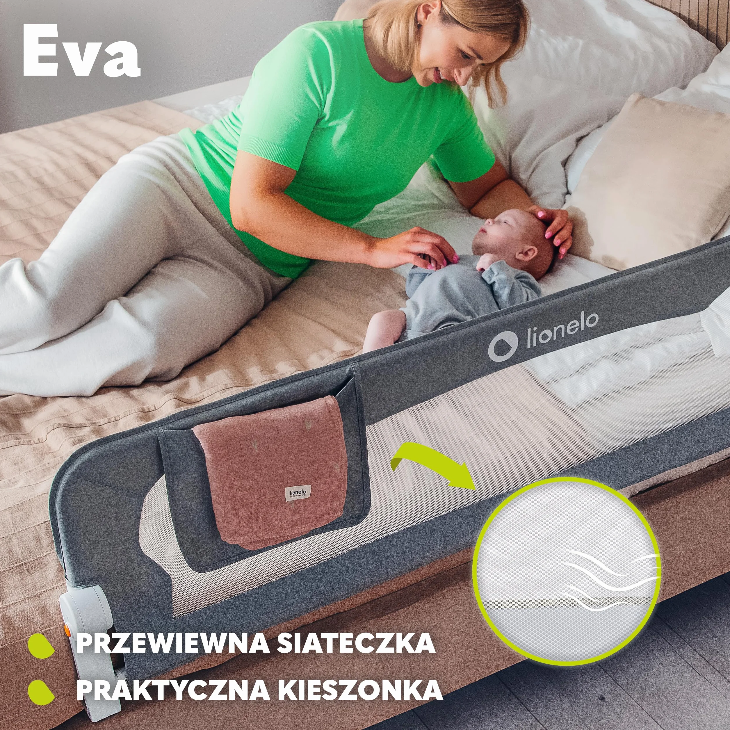 LIONELO Eva Barierka ochronna na łóżko dla dzieci, składana 180°, 150 x 35 x 42 cm, blokada StandSafe, pasy SecureBelt, przewiewna siatka, łatwy montaż, certyfikaty bezpieczeństwa – Szara