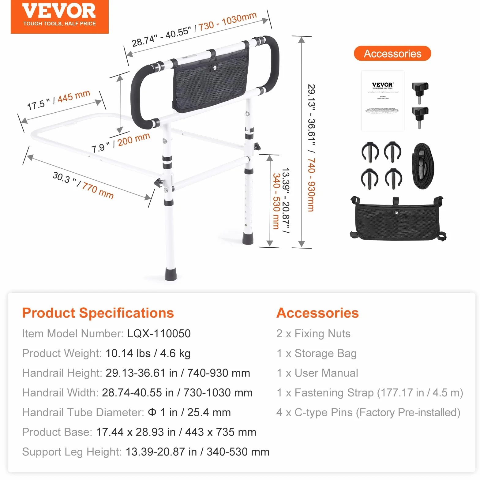 VEVOR Poręcze łóżkowe dla starszych dorosłych 180° Składane balustrady łóżkowe dla osób starszych 450LBS