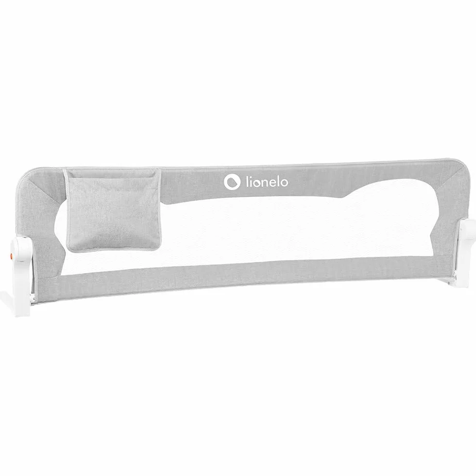 LIONELO Eva Barierka ochronna na łóżko dla dzieci, składana 180°, 150 x 35 x 42 cm, blokada StandSafe, pasy SecureBelt, przewiewna siatka, łatwy montaż, certyfikaty bezpieczeństwa – Szara