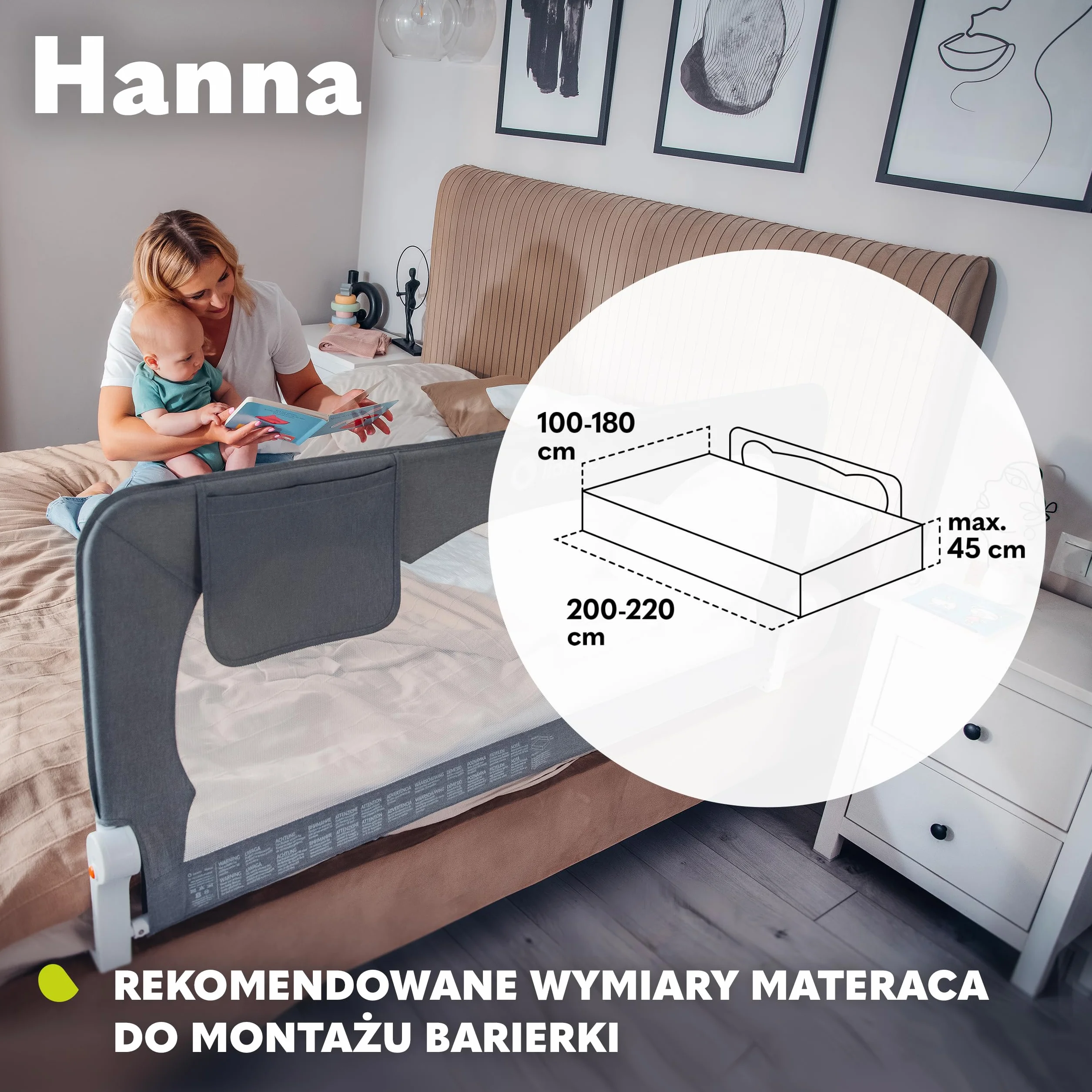 Lionelo Hanna siatka na łóżko, ochrona przed wypadnięciem, 150 cm x 66 cm, składana o 180 stopni, przewiewna siatka, łatwy montaż, stojąca blokada SecureBelt, stabilna konstrukcja, szara, LO-HANNA