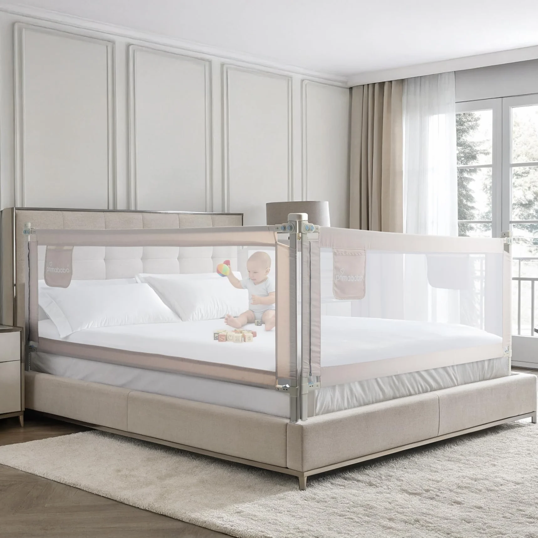 Primabobo Barierka Ochronna do Łóżka 140 cm Classic Beżowa – Składana, Bezpieczna, Uniwersalna, Zabezpieczenie dla Dzieci