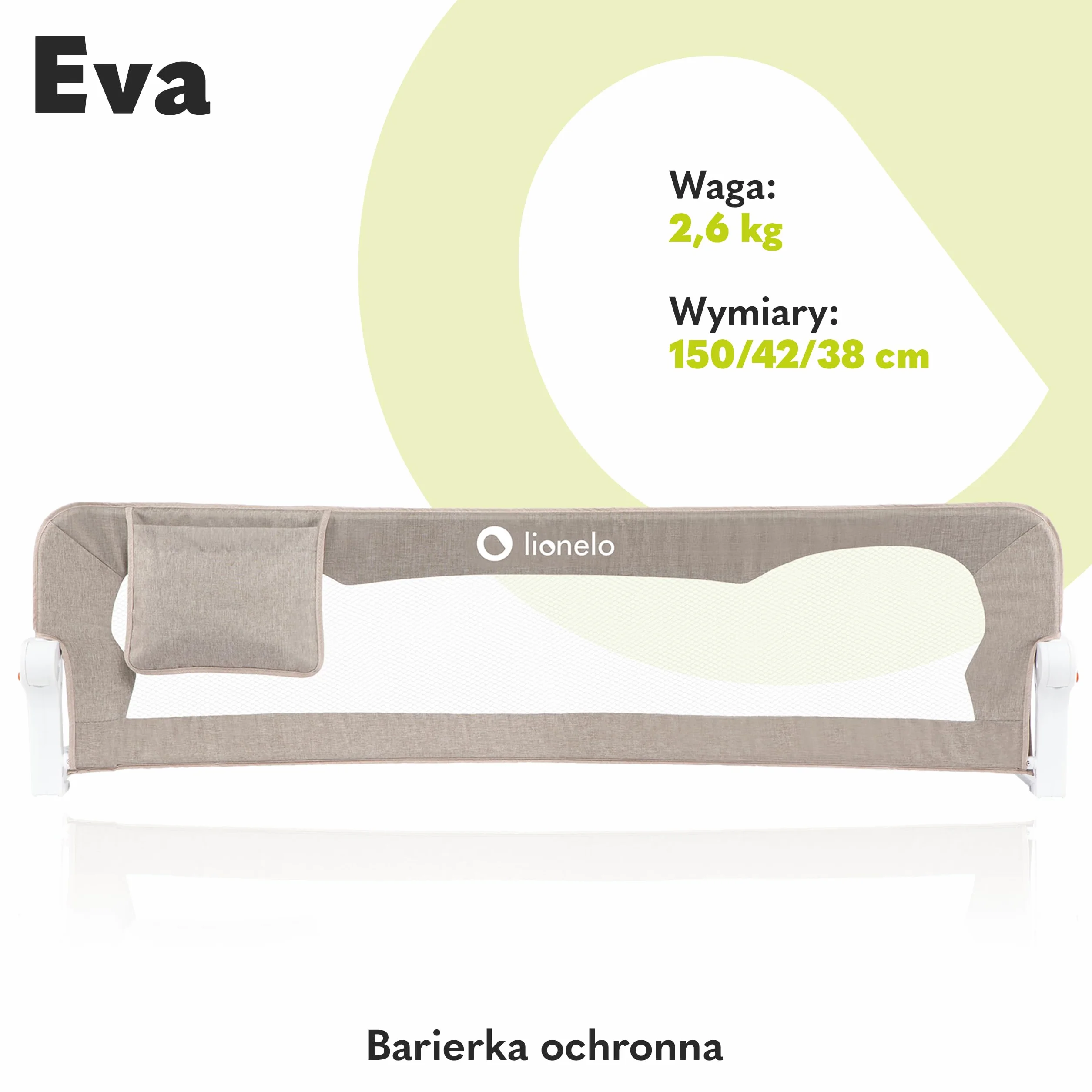LIONELO Eva Barierka ochronna na łóżko dla dzieci, składana 180°, 150 x 35 x 42 cm, blokada StandSafe, pasy SecureBelt, przewiewna siatka, łatwy montaż, certyfikaty bezpieczeństwa – Beżowa