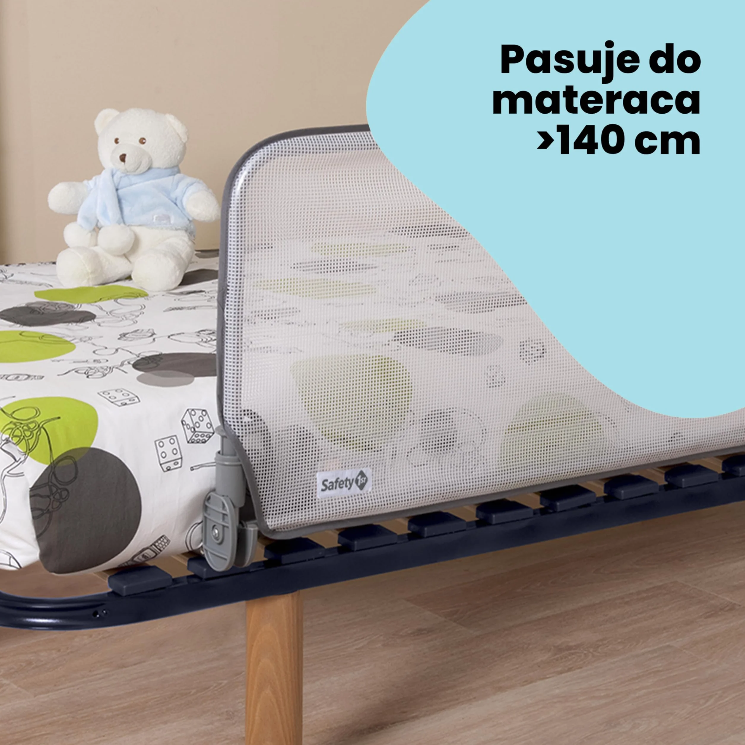 Safety 1st Barierka do łóżka Standard 90cm, Ochraniacz na łóżko dla malucha, 18ms–5lat, Odchylany ochraniacz na łóżko, Siateczka, Automatyczna blokada, Łatwe czyszczenie, Szary/Biały
