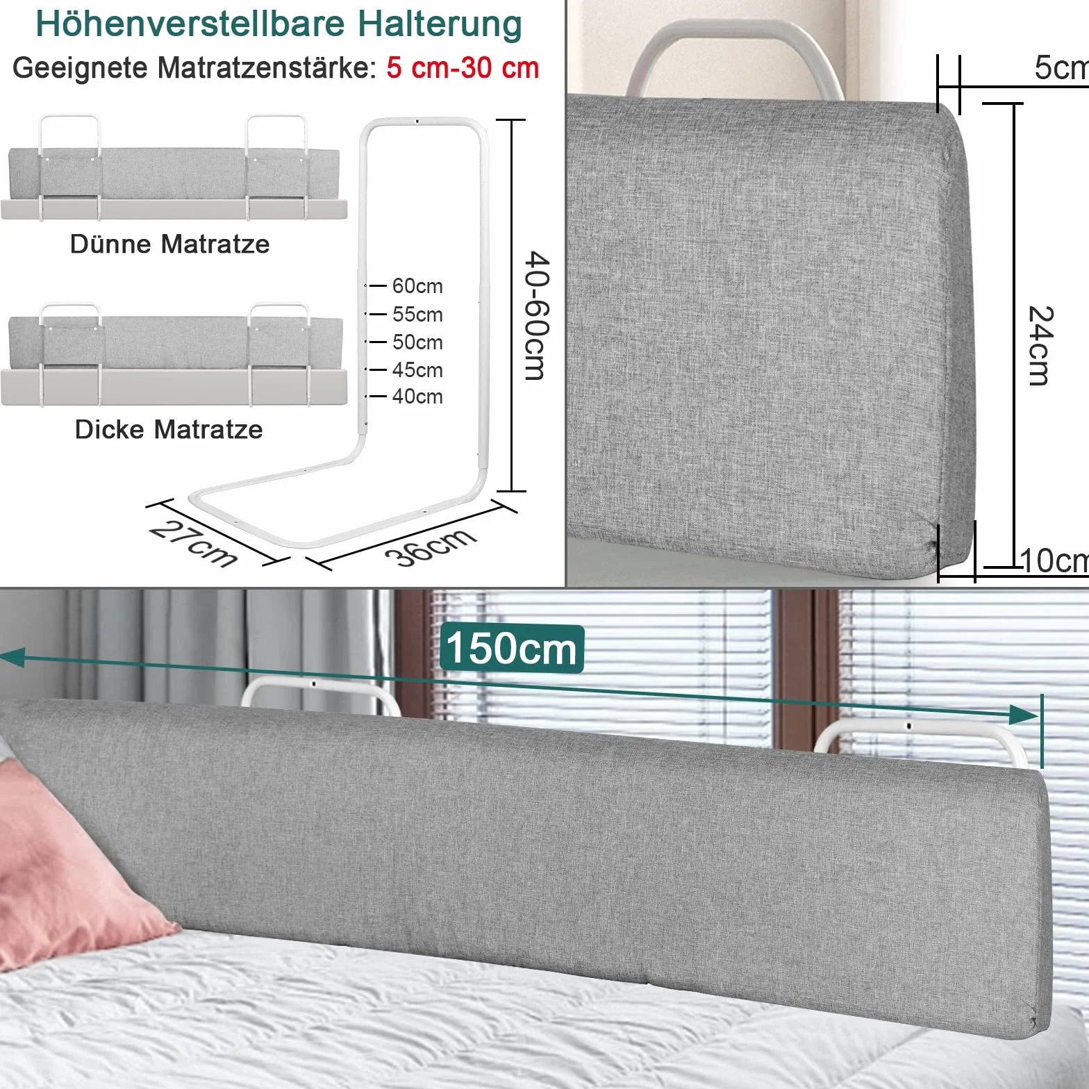UISEBRT Barierka ochronna do łóżeczka dziecięcego, 150 cm, ochrona przed wypadnięciem, z 5 otworami, z regulacją wysokości, ochrona krawędzi łóżka, odkształcalna, poręcz bezpieczeństwa dla dzieci i