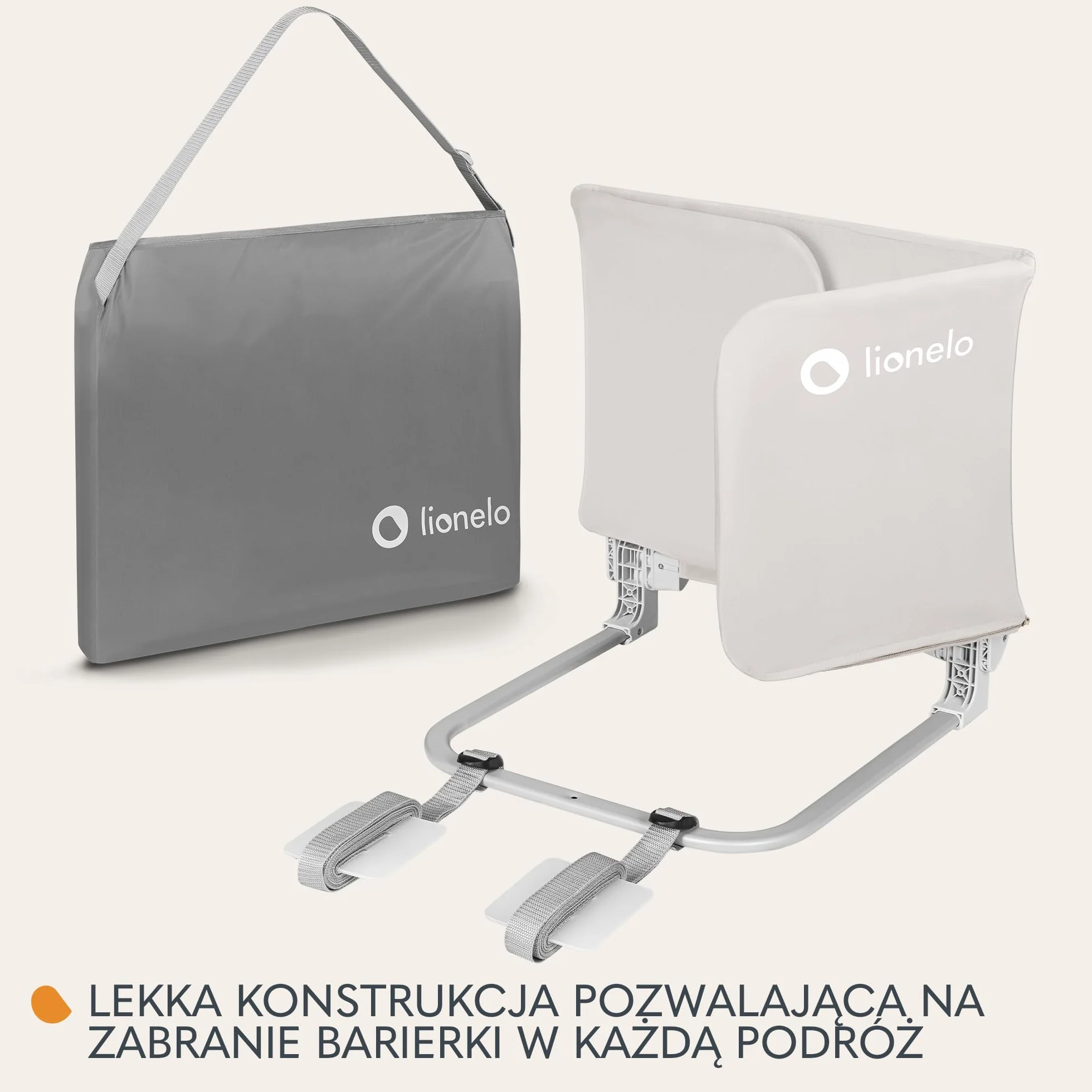 LIONELO Lora Przenośna Barierka do Łóżka dla Dzieci, Regulacja Pochylenia 180 stopni, Składana Barierka do Łózka, 45 cm – 105 cm, Blokada StandSafe, Zabezpiecza przed wypadnięciem