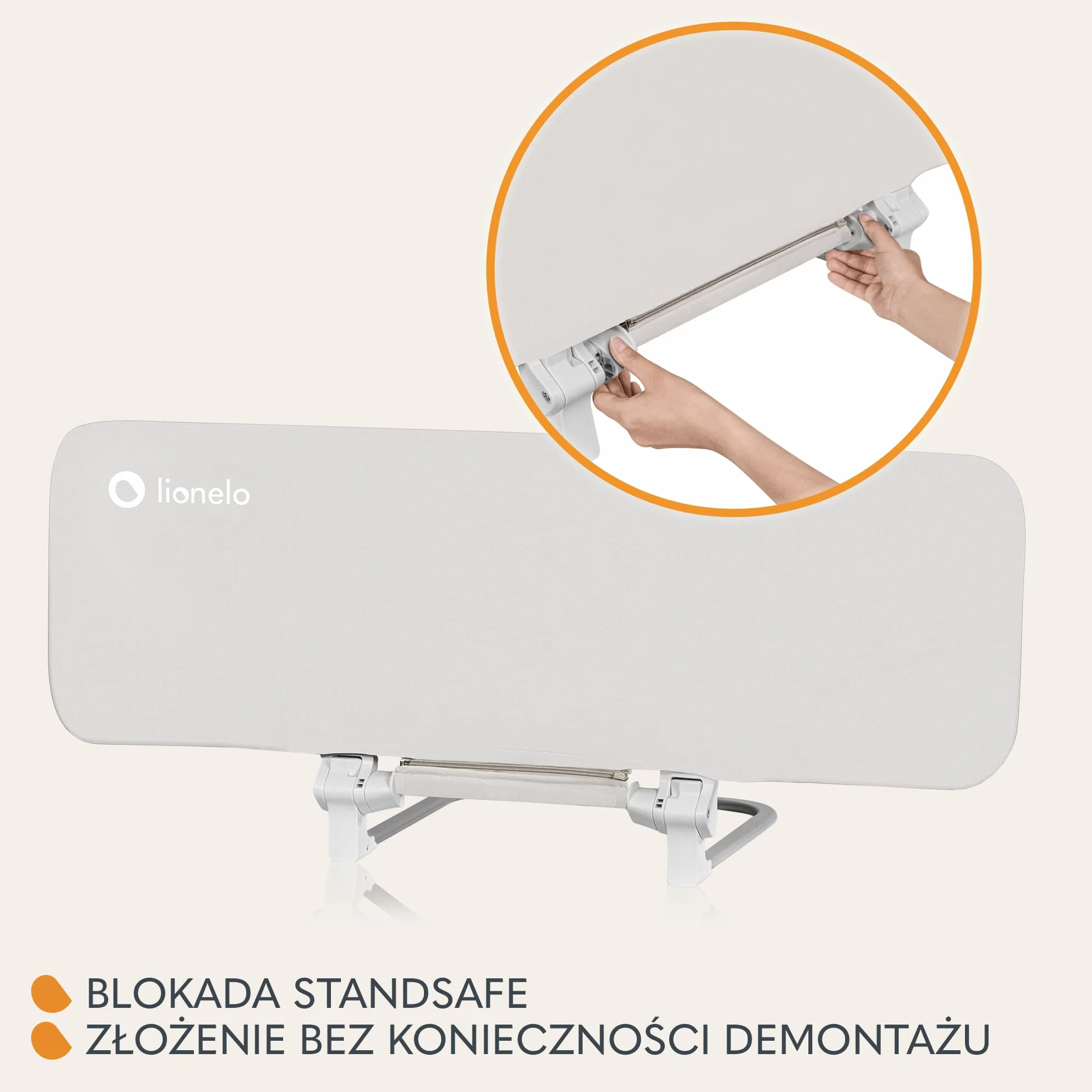 LIONELO Lora Przenośna Barierka do Łóżka dla Dzieci, Regulacja Pochylenia 180 stopni, Składana Barierka do Łózka, 45 cm – 105 cm, Blokada StandSafe, Zabezpiecza przed wypadnięciem