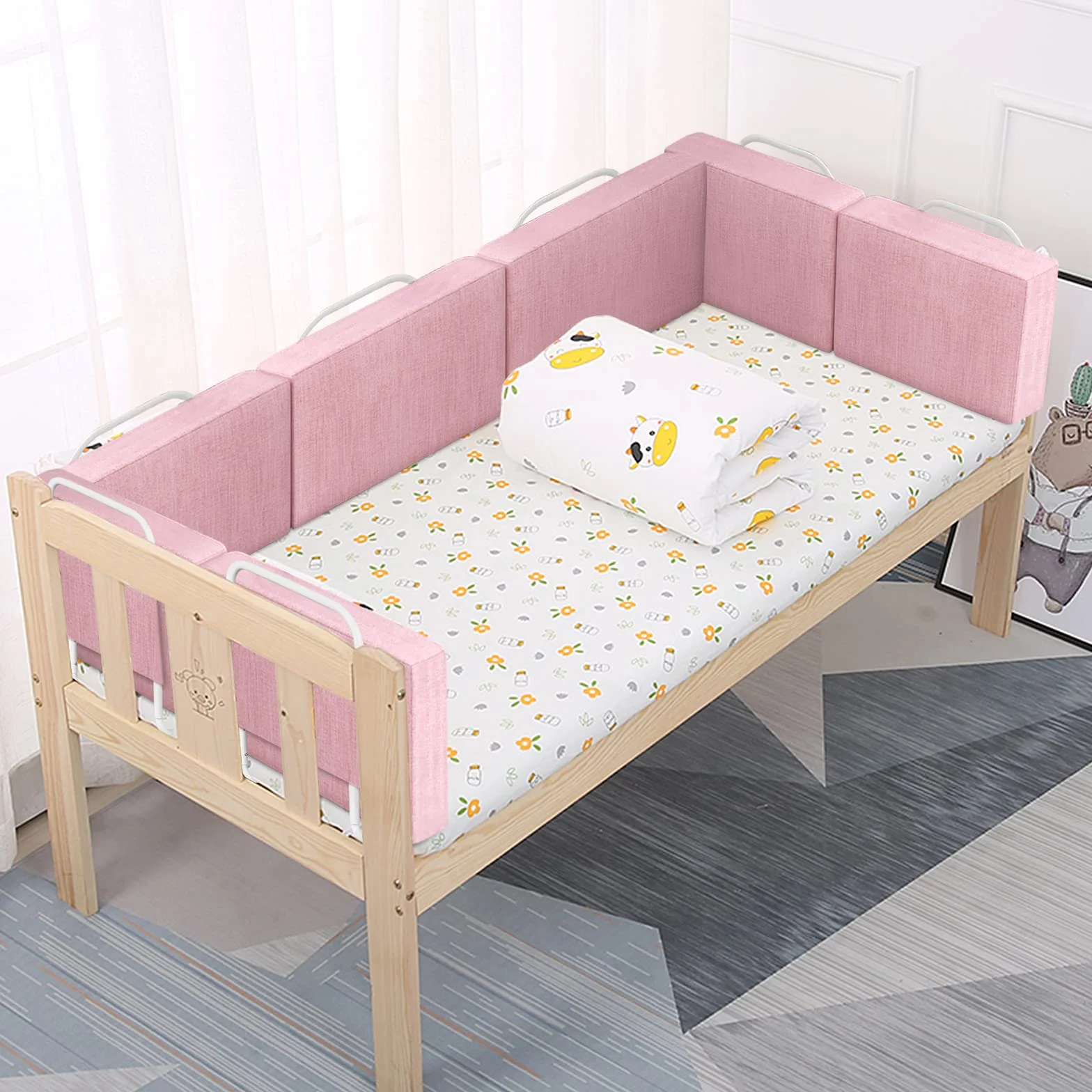 Froadp 60cm Miękki Lniany Poręcz Łóżka Dziecięcego Barierka do Łóżeczka Zabezpieczenie Przed Wypadnięciem Boczne Łóżko Dziecięce Barierka Przenośna Osłona Łóżka dla Maluchów Lub Seniorów (Wiśniowy Róż)