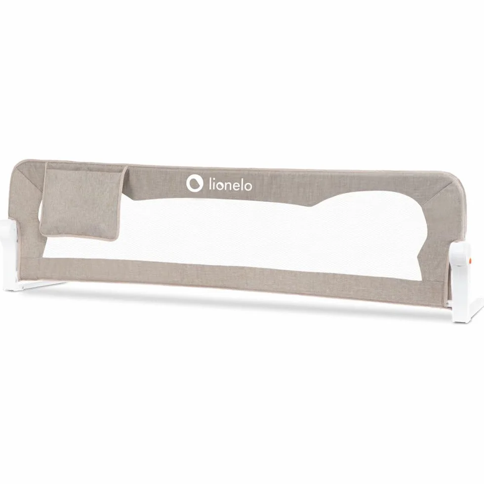 LIONELO Eva Barierka ochronna na łóżko dla dzieci, składana 180°, 150 x 35 x 42 cm, blokada StandSafe, pasy SecureBelt, przewiewna siatka, łatwy montaż, certyfikaty bezpieczeństwa – Beżowa