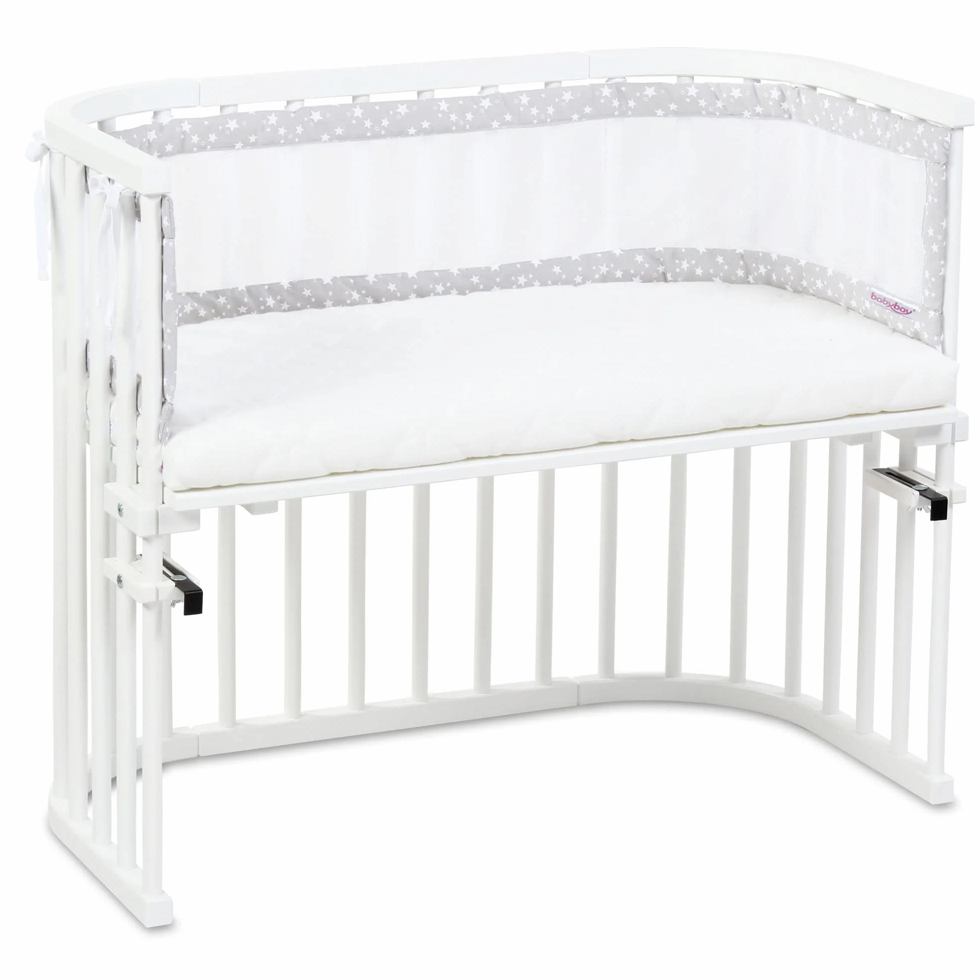 babybay Ochraniacz do łóżeczka dziecięcego z siateczki, ochrona przed uderzeniami, pasuje do modeli Maxi, Boxspring, Comfort i Comfort Plus, perłowo-szare gwiazdki, białe