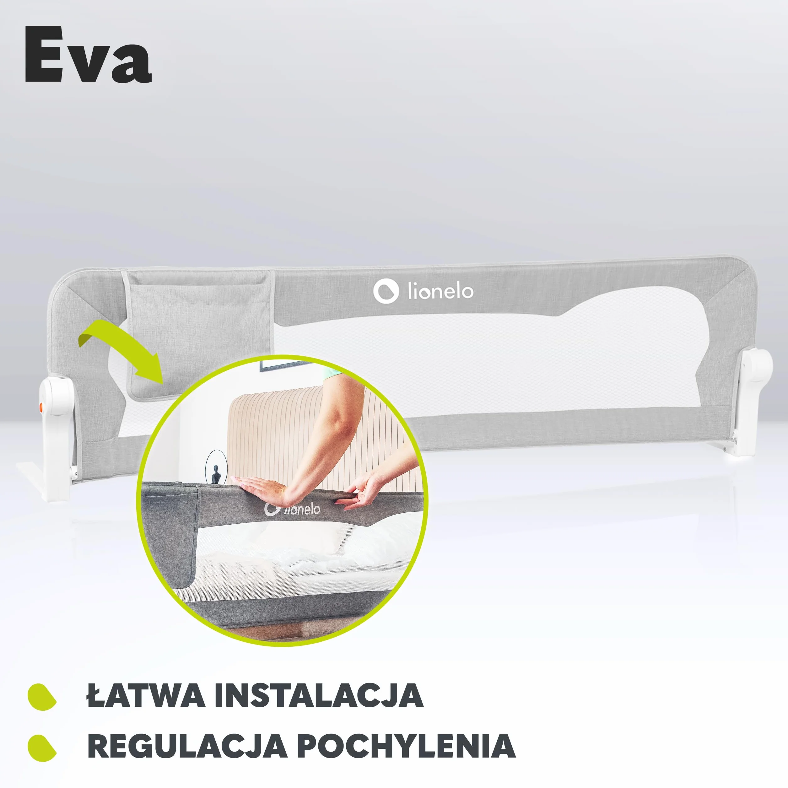 LIONELO Eva Barierka ochronna na łóżko dla dzieci, składana 180°, 150 x 35 x 42 cm, blokada StandSafe, pasy SecureBelt, przewiewna siatka, łatwy montaż, certyfikaty bezpieczeństwa – Szara