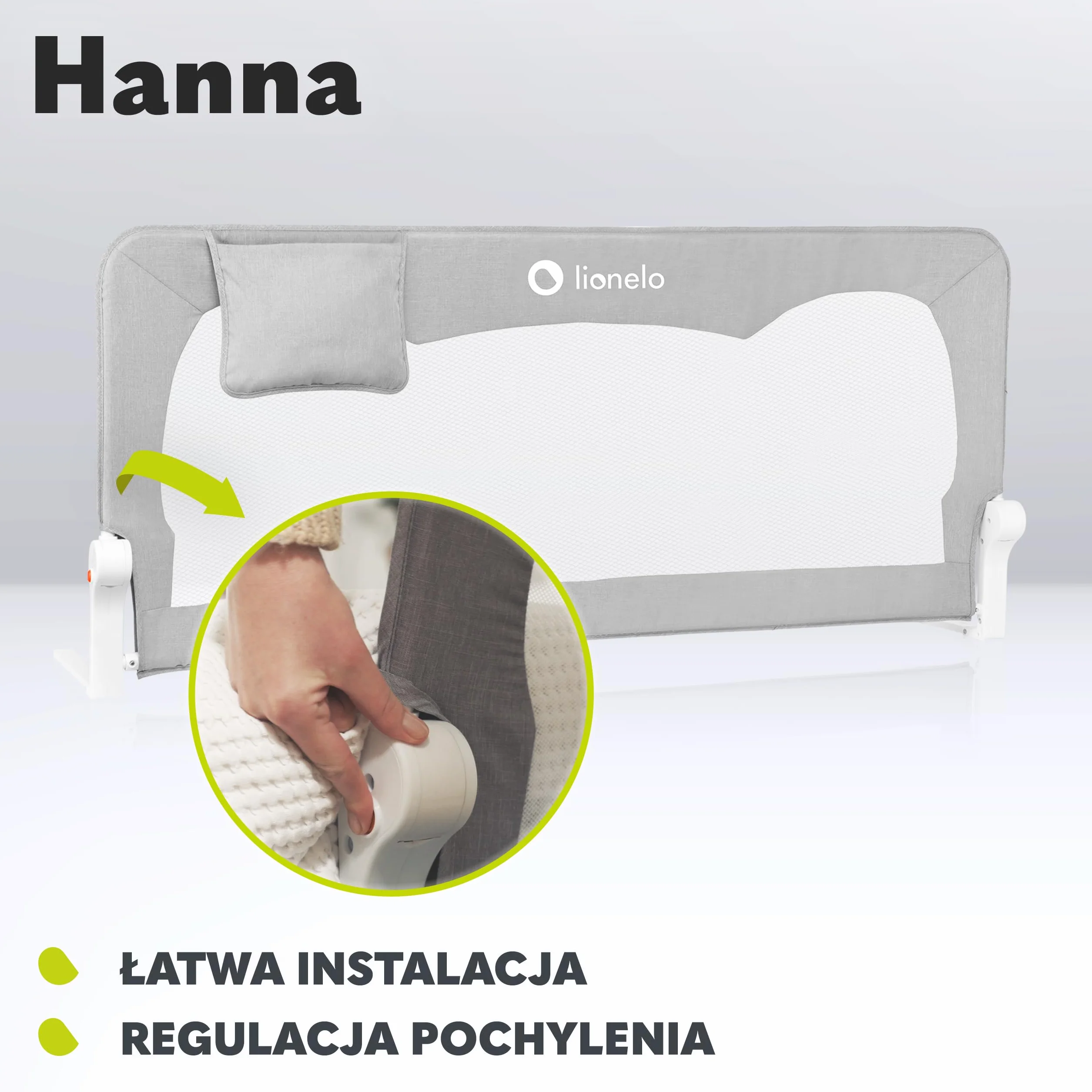 Lionelo Hanna siatka na łóżko, ochrona przed wypadnięciem, 150 cm x 66 cm, składana o 180 stopni, przewiewna siatka, łatwy montaż, stojąca blokada SecureBelt, stabilna konstrukcja, szara, LO-HANNA