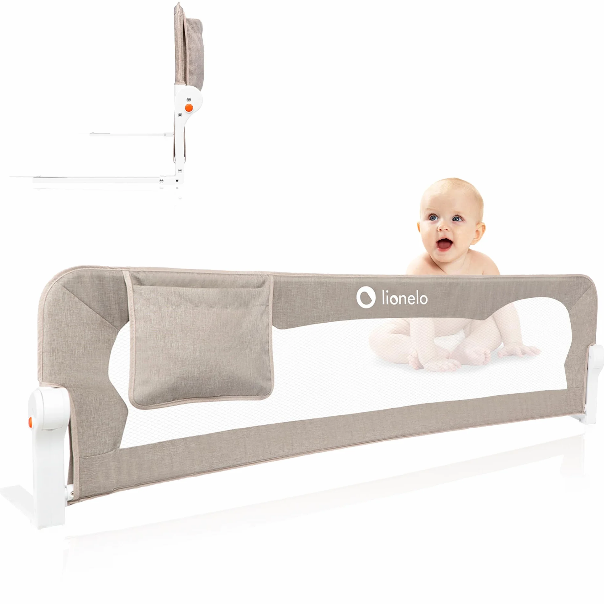 LIONELO Eva Barierka ochronna na łóżko dla dzieci, składana 180°, 150 x 35 x 42 cm, blokada StandSafe, pasy SecureBelt, przewiewna siatka, łatwy montaż, certyfikaty bezpieczeństwa – Beżowa