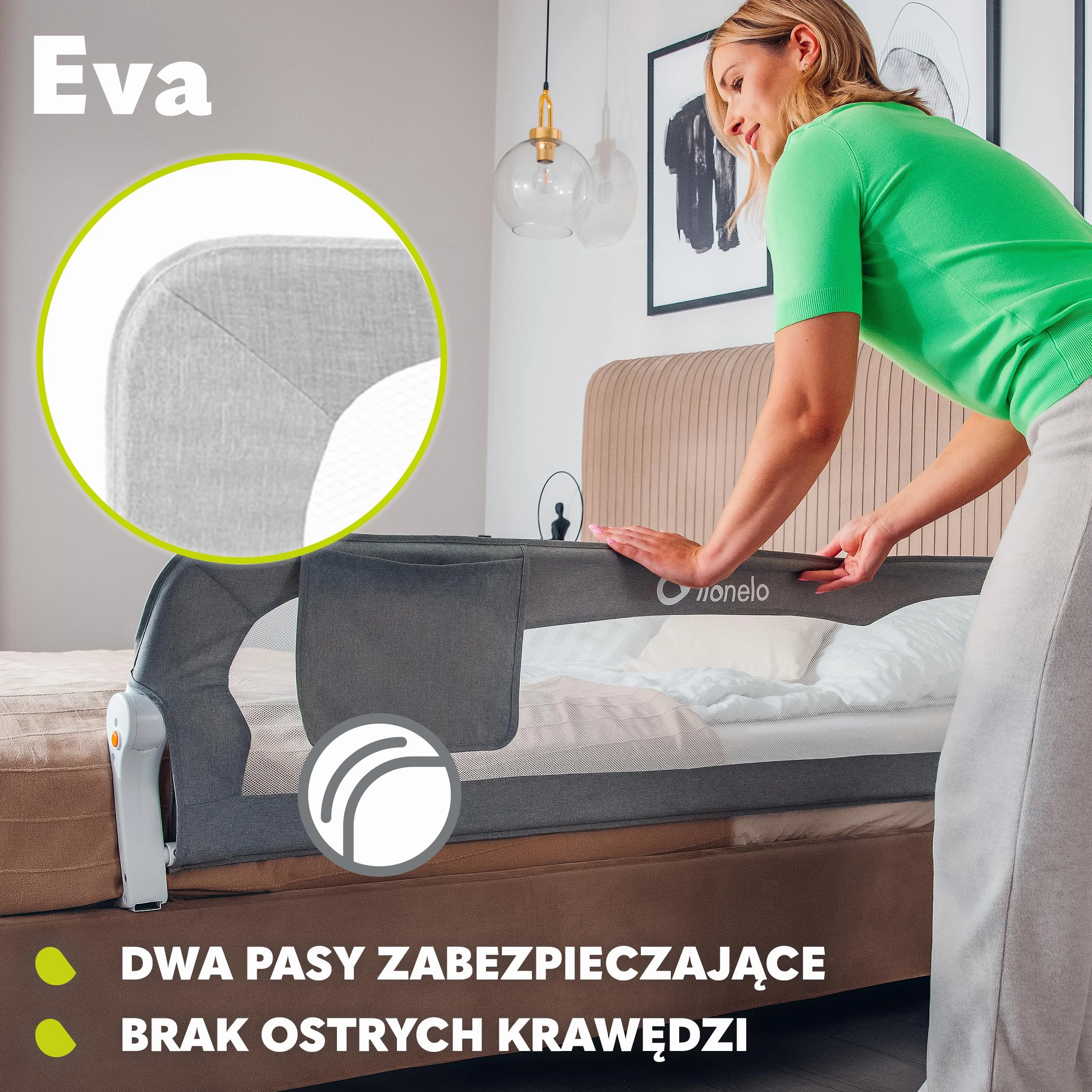 LIONELO Eva Barierka ochronna na łóżko dla dzieci, składana 180°, 150 x 35 x 42 cm, blokada StandSafe, pasy SecureBelt, przewiewna siatka, łatwy montaż, certyfikaty bezpieczeństwa – Szara