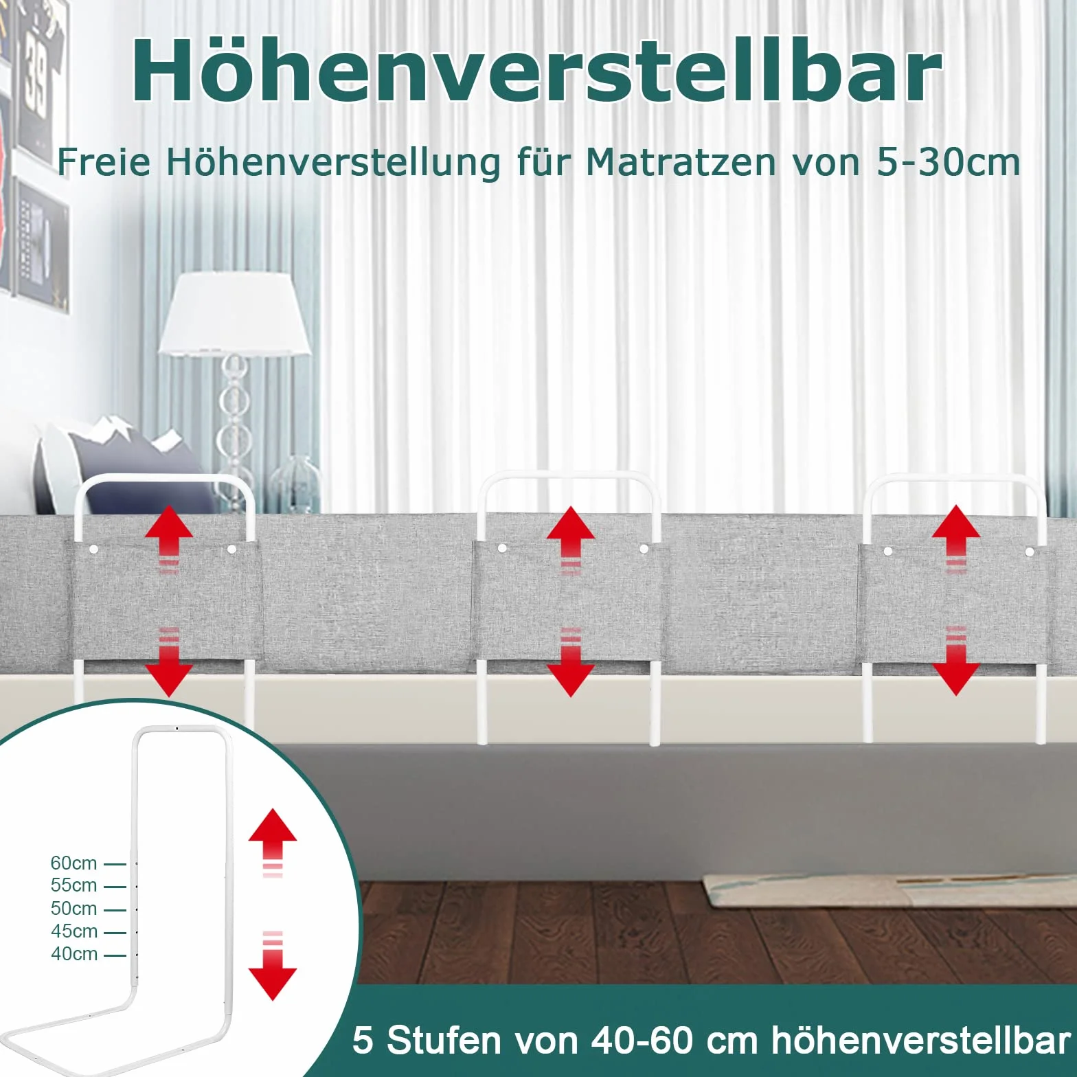 UISEBRT Barierka ochronna do łóżeczka dziecięcego, 150 cm, ochrona przed wypadnięciem, z 5 otworami, z regulacją wysokości, ochrona krawędzi łóżka, odkształcalna, poręcz bezpieczeństwa dla dzieci i