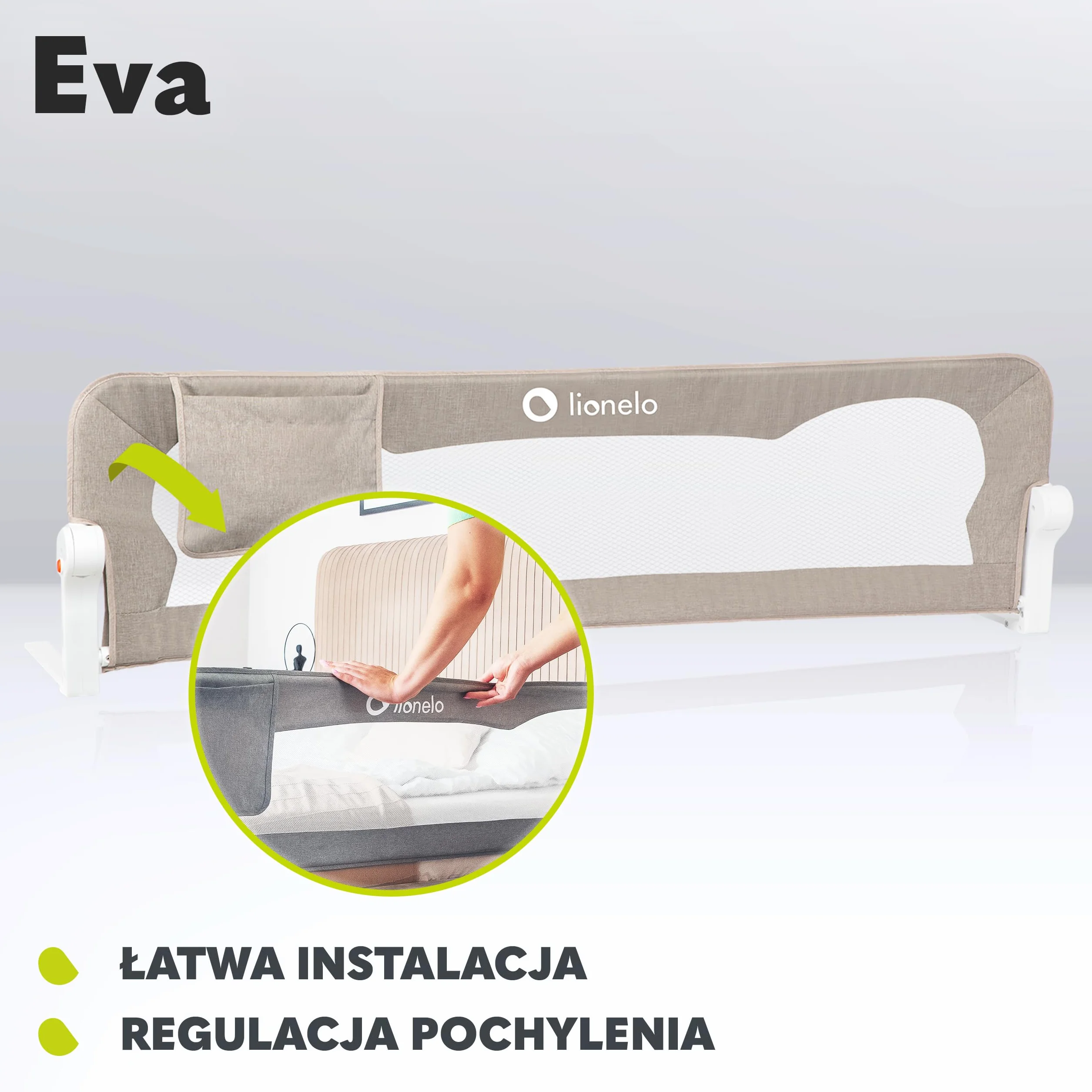 LIONELO Eva Barierka ochronna na łóżko dla dzieci, składana 180°, 150 x 35 x 42 cm, blokada StandSafe, pasy SecureBelt, przewiewna siatka, łatwy montaż, certyfikaty bezpieczeństwa – Beżowa