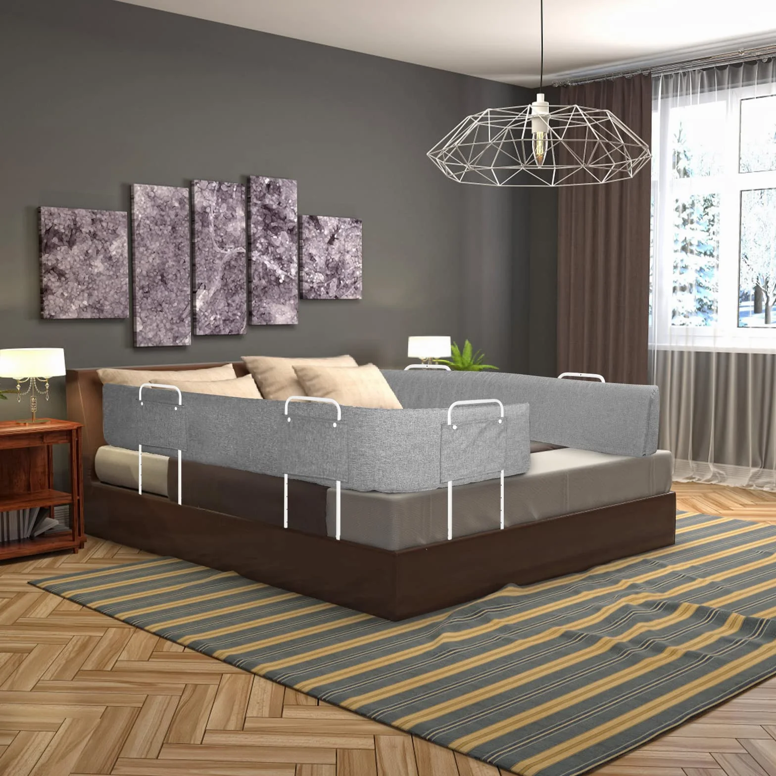 UISEBRT Barierka ochronna do łóżeczka dziecięcego, 150 cm, ochrona przed wypadnięciem, z 5 otworami, z regulacją wysokości, ochrona krawędzi łóżka, odkształcalna, poręcz bezpieczeństwa dla dzieci i