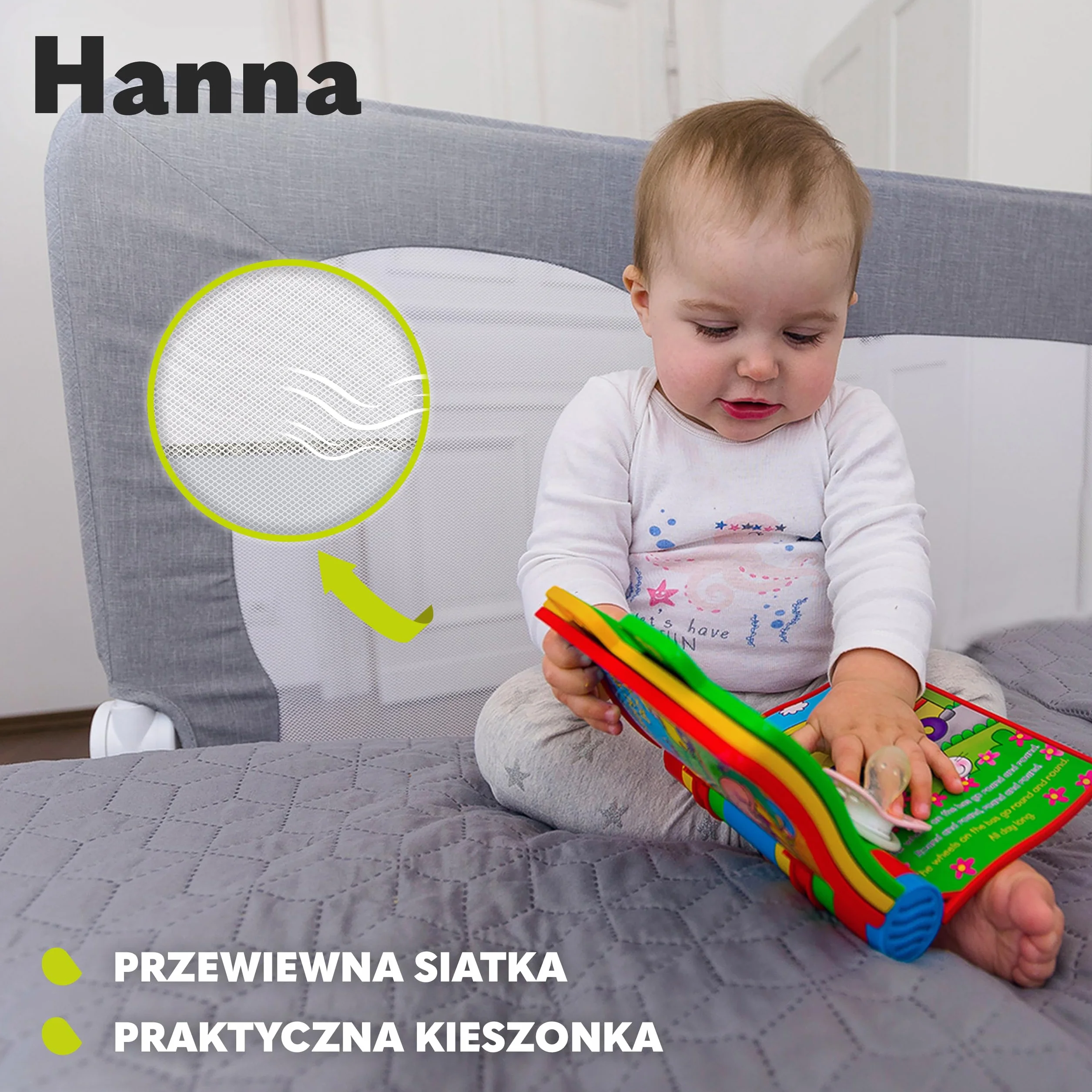Lionelo Hanna siatka na łóżko, ochrona przed wypadnięciem, 150 cm x 66 cm, składana o 180 stopni, przewiewna siatka, łatwy montaż, stojąca blokada SecureBelt, stabilna konstrukcja, szara, LO-HANNA