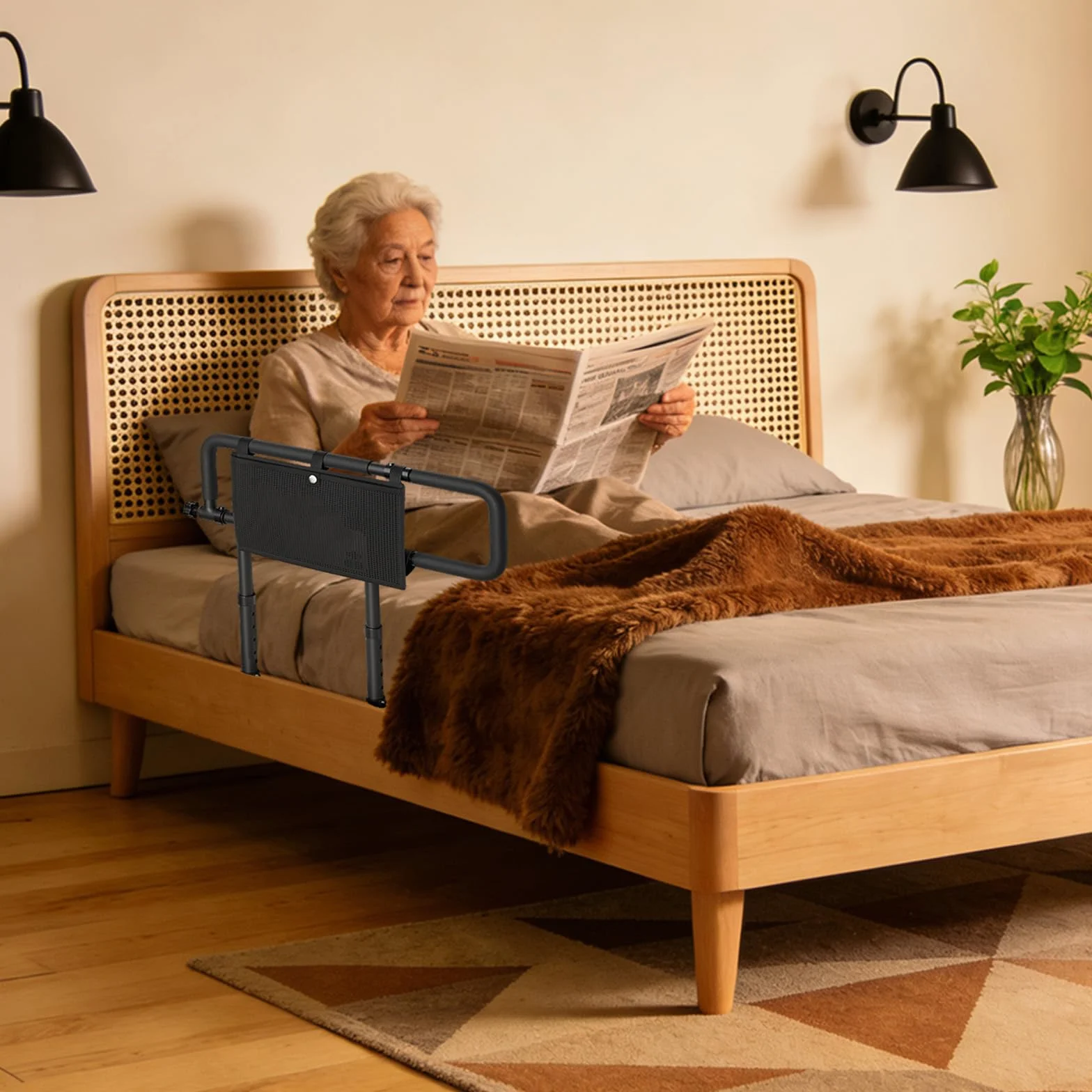 KATKLIU Bariera łóżkowa dla seniorów – składana rampa 60.5~80.5cm z regulowaną wysokością – bezpieczeństwo dla łóżka dla dorosłych, opieki domowej, seniorów, ograniczonej mobilności, regeneracji
