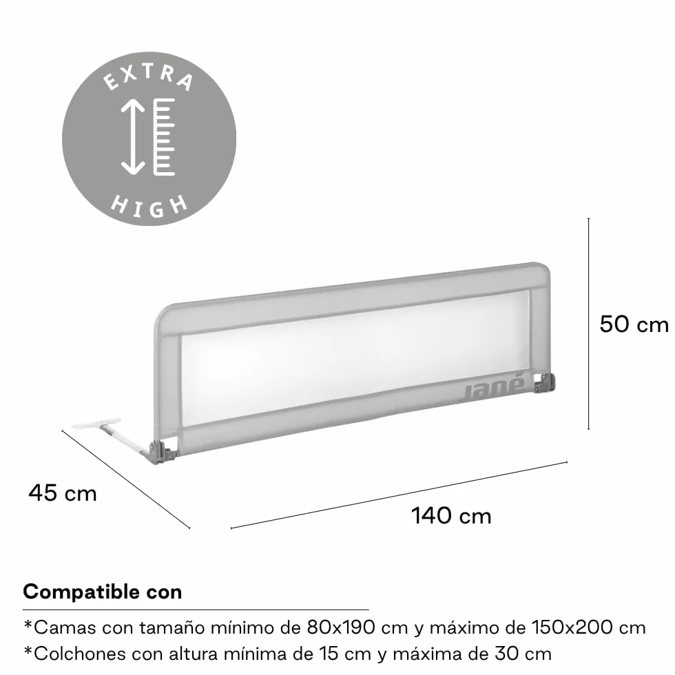Składana barierka do łóżka Jané, długość 140 cm, torba transportowa, bardzo wysoka konstrukcja, oddychająca