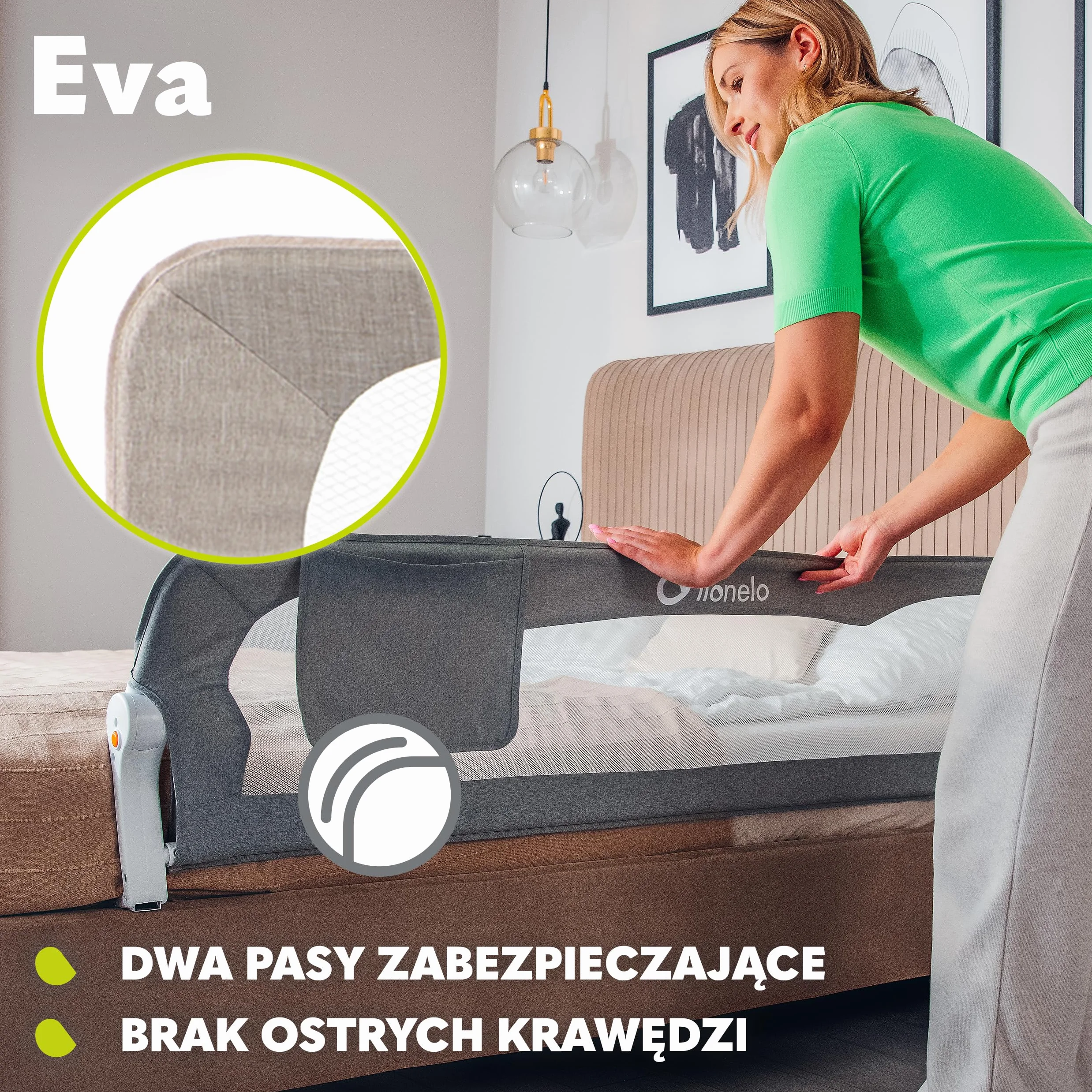 LIONELO Eva Barierka ochronna na łóżko dla dzieci, składana 180°, 150 x 35 x 42 cm, blokada StandSafe, pasy SecureBelt, przewiewna siatka, łatwy montaż, certyfikaty bezpieczeństwa – Beżowa