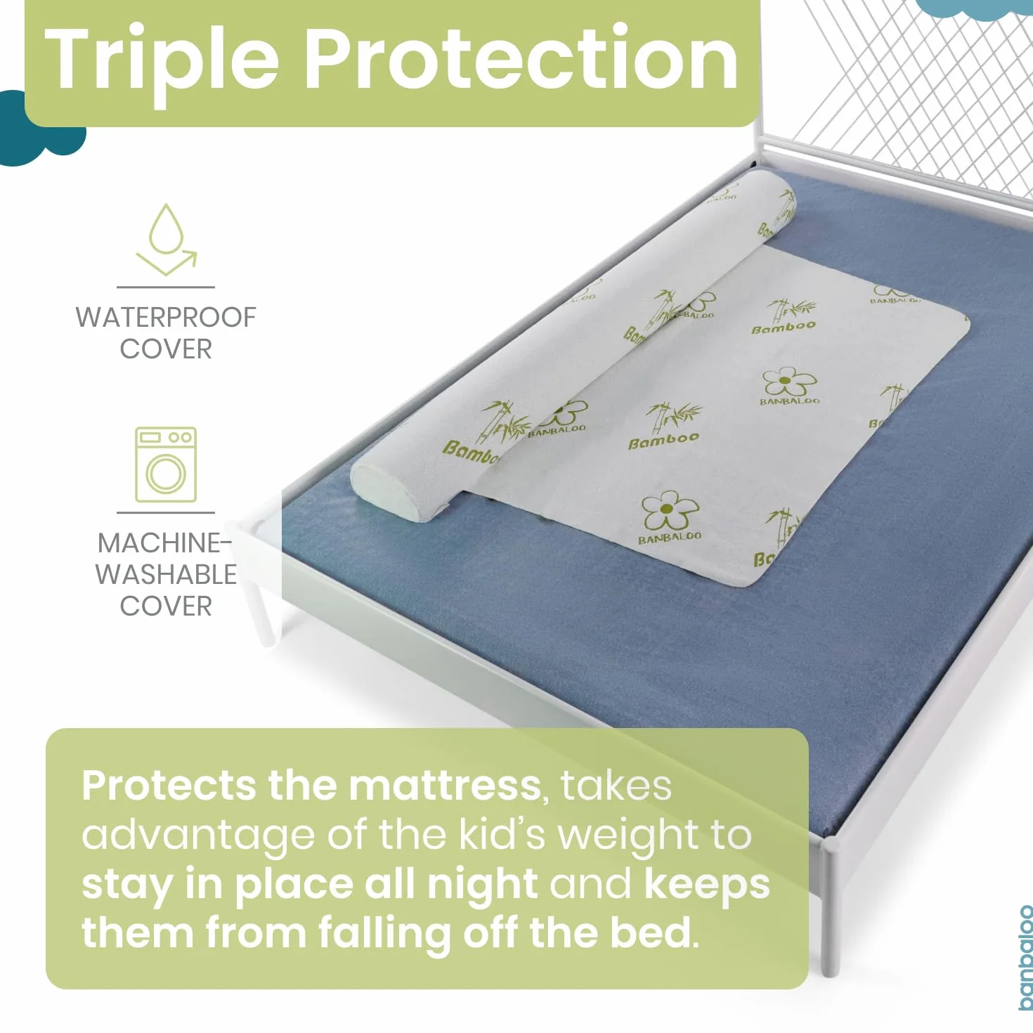BANBALOO BAMBOO- Dziecko Bed Safety Barrier - Dziecko Fall Arrest/Foam Guardrail z miękkim Bambus Bawełna anty-poślizg przedłużenie.
