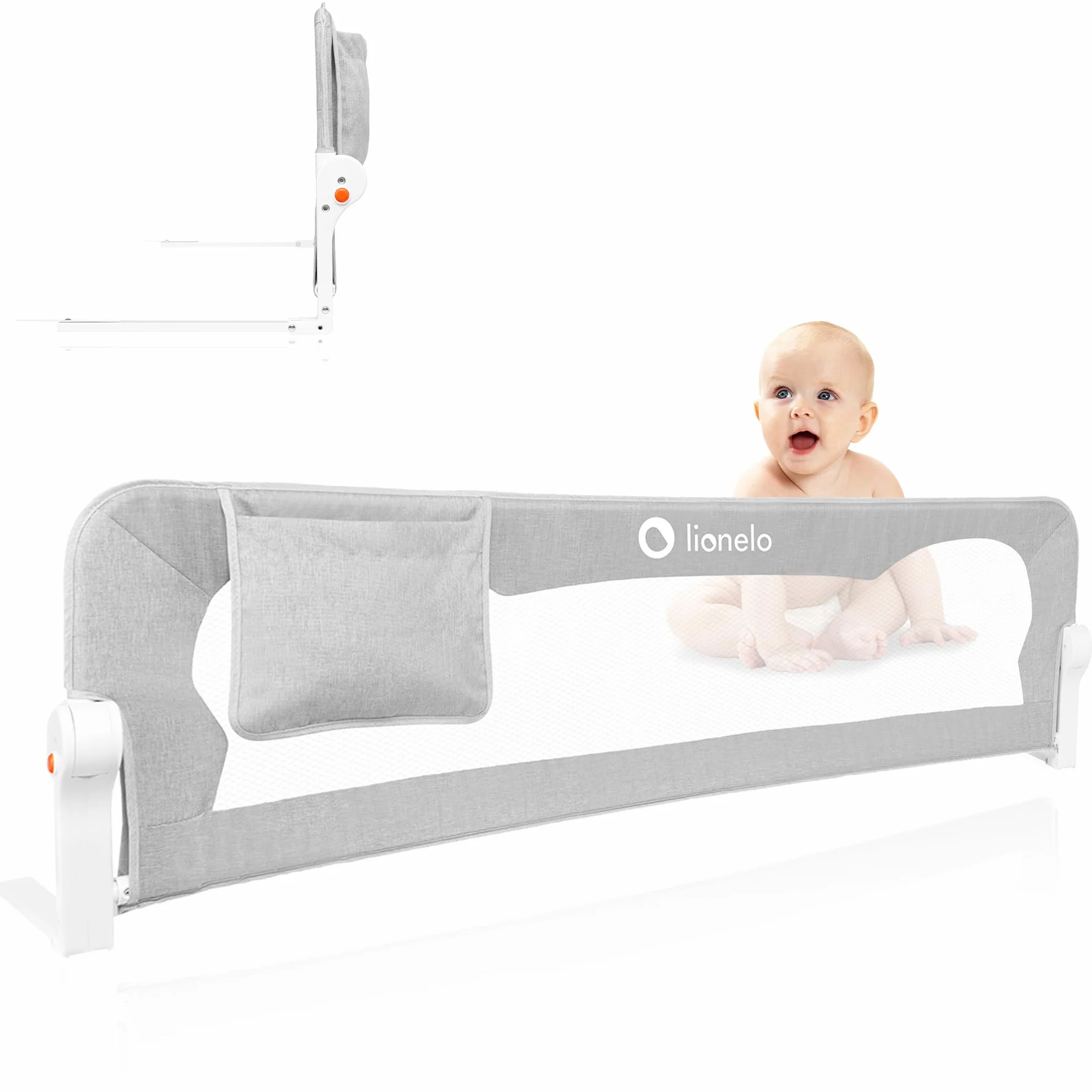 LIONELO Eva Barierka ochronna na łóżko dla dzieci, składana 180°, 150 x 35 x 42 cm, blokada StandSafe, pasy SecureBelt, przewiewna siatka, łatwy montaż, certyfikaty bezpieczeństwa – Szara