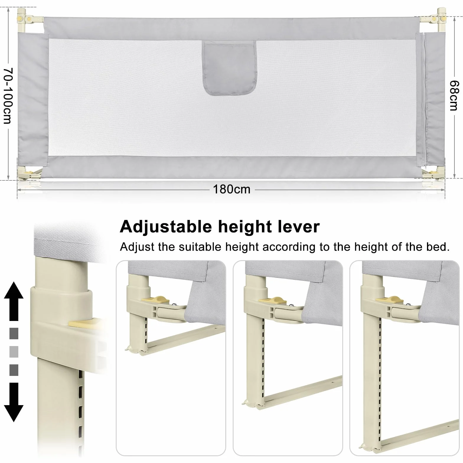 OHMG 180 cm balustrady łóżkowe, bariery bezpieczeństwa dla dzieci, bariera bezpieczeństwa łóżko, regulowana wysokość, przenośna bariera łóżka pionowa podnoszenie, ochrona przed upadkiem