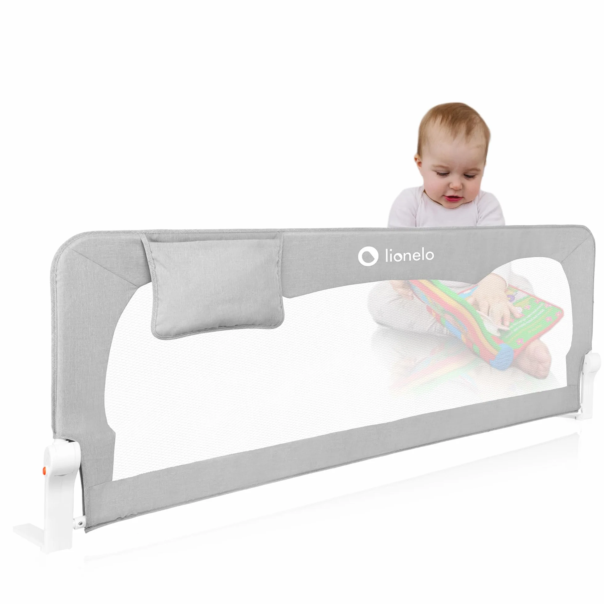 Lionelo Hanna siatka na łóżko, ochrona przed wypadnięciem, 150 cm x 66 cm, składana o 180 stopni, przewiewna siatka, łatwy montaż, stojąca blokada SecureBelt, stabilna konstrukcja, szara, LO-HANNA