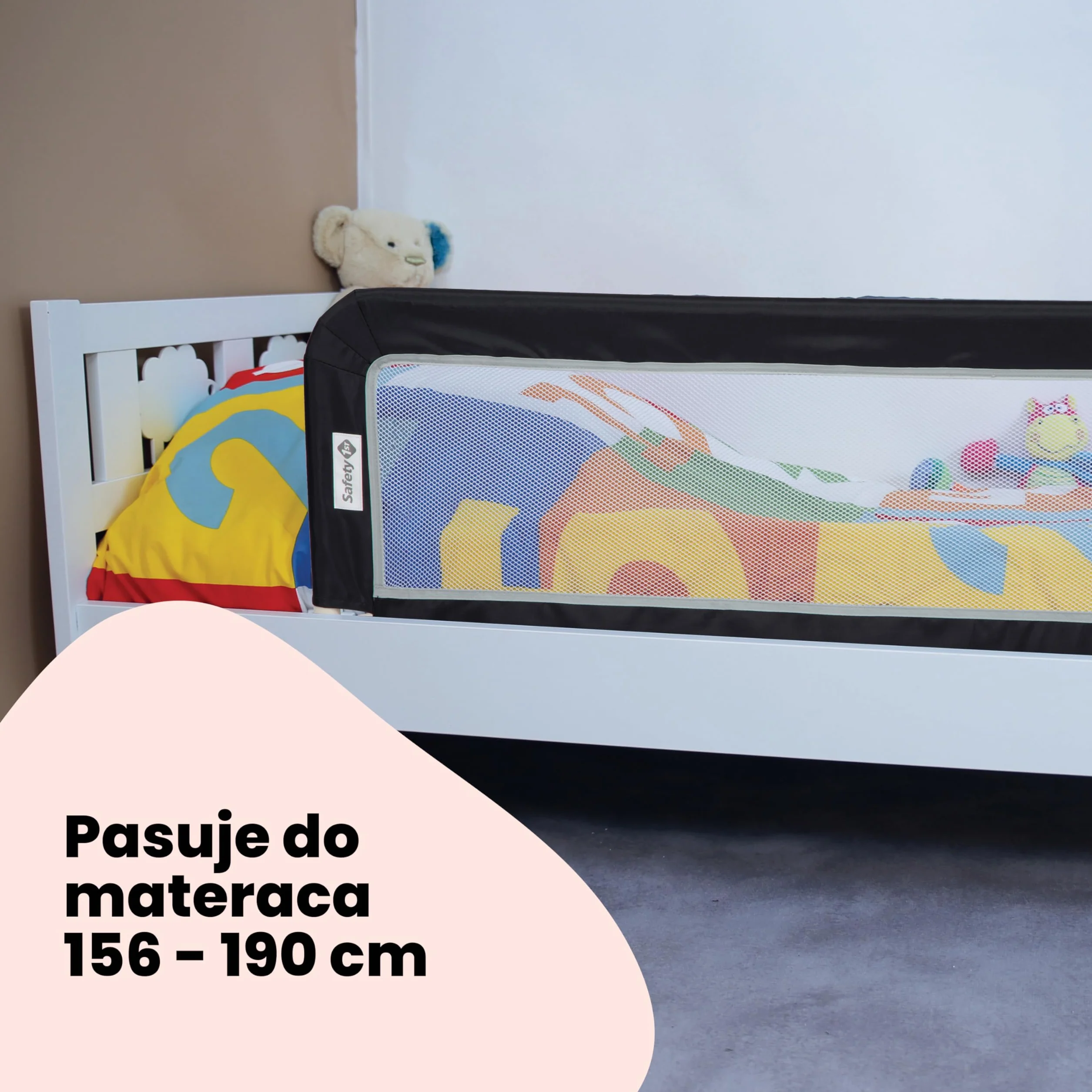Safety 1st Przenośny ochraniacz na łóżko, Składana barierka do łóżka, 18ms–5lat, Ochraniacz na łóżko podróżne, Siateczka, Łatwa instalacja, Automatyczna blokada, Łatwy transport, Dark Grey