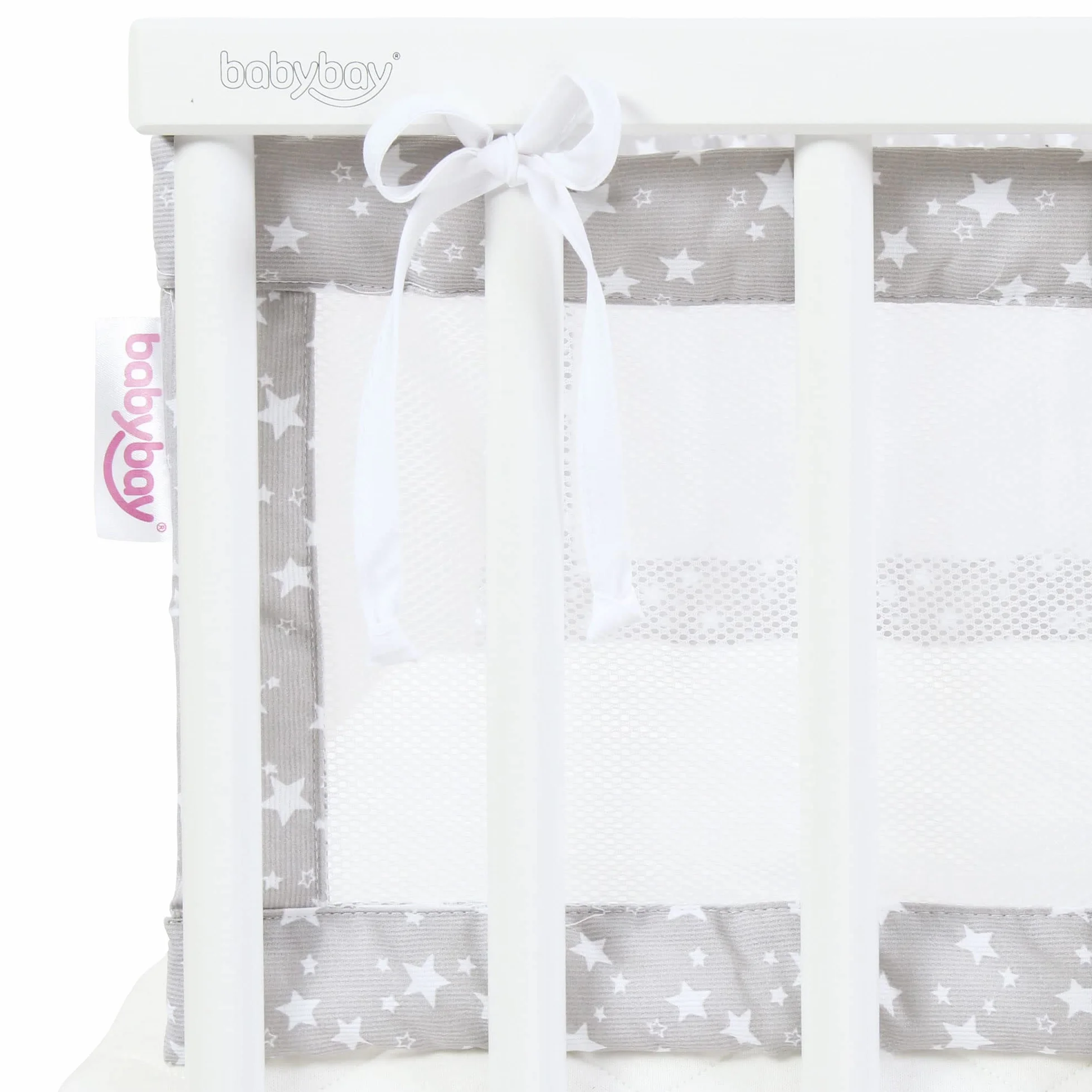 babybay Ochraniacz do łóżeczka dziecięcego z siateczki, ochrona przed uderzeniami, pasuje do modeli Maxi, Boxspring, Comfort i Comfort Plus, perłowo-szare gwiazdki, białe
