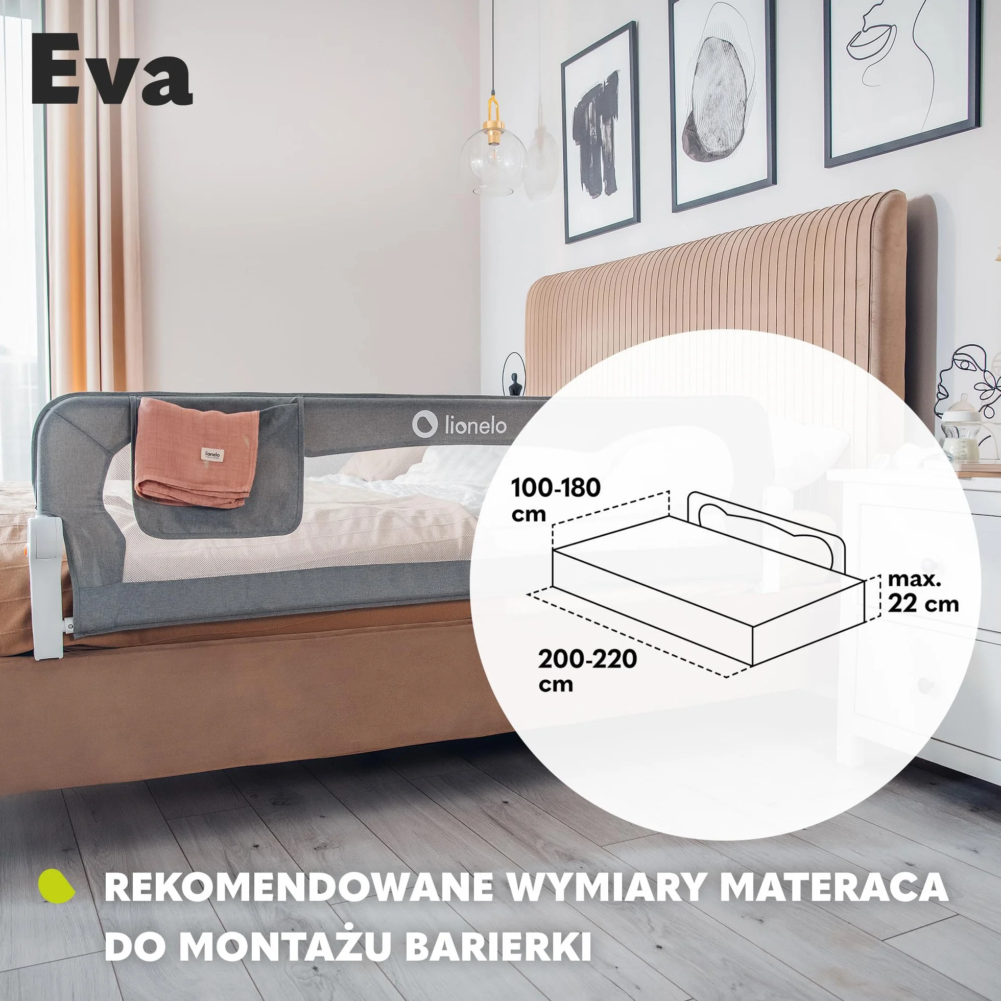 LIONELO Eva Barierka ochronna na łóżko dla dzieci, składana 180°, 150 x 35 x 42 cm, blokada StandSafe, pasy SecureBelt, przewiewna siatka, łatwy montaż, certyfikaty bezpieczeństwa – Szara