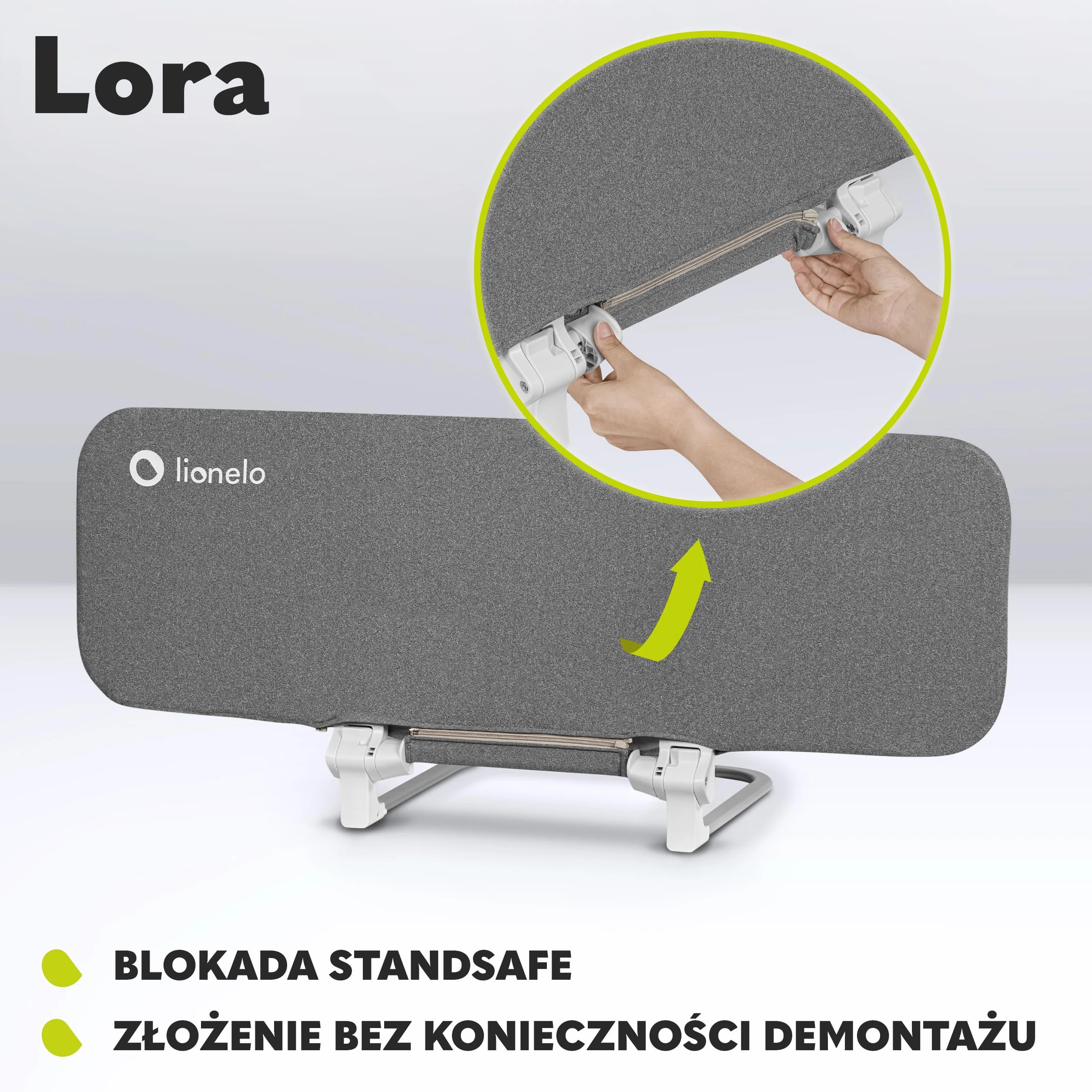 LIONELO Lora Przenośna Barierka do Łóżka dla Dzieci, Regulacja Pochylenia 180 stopni, Składana Barierka do Łózka, 45 cm – 105 cm, Blokada StandSafe, Zabezpiecza przed wypadnięciem