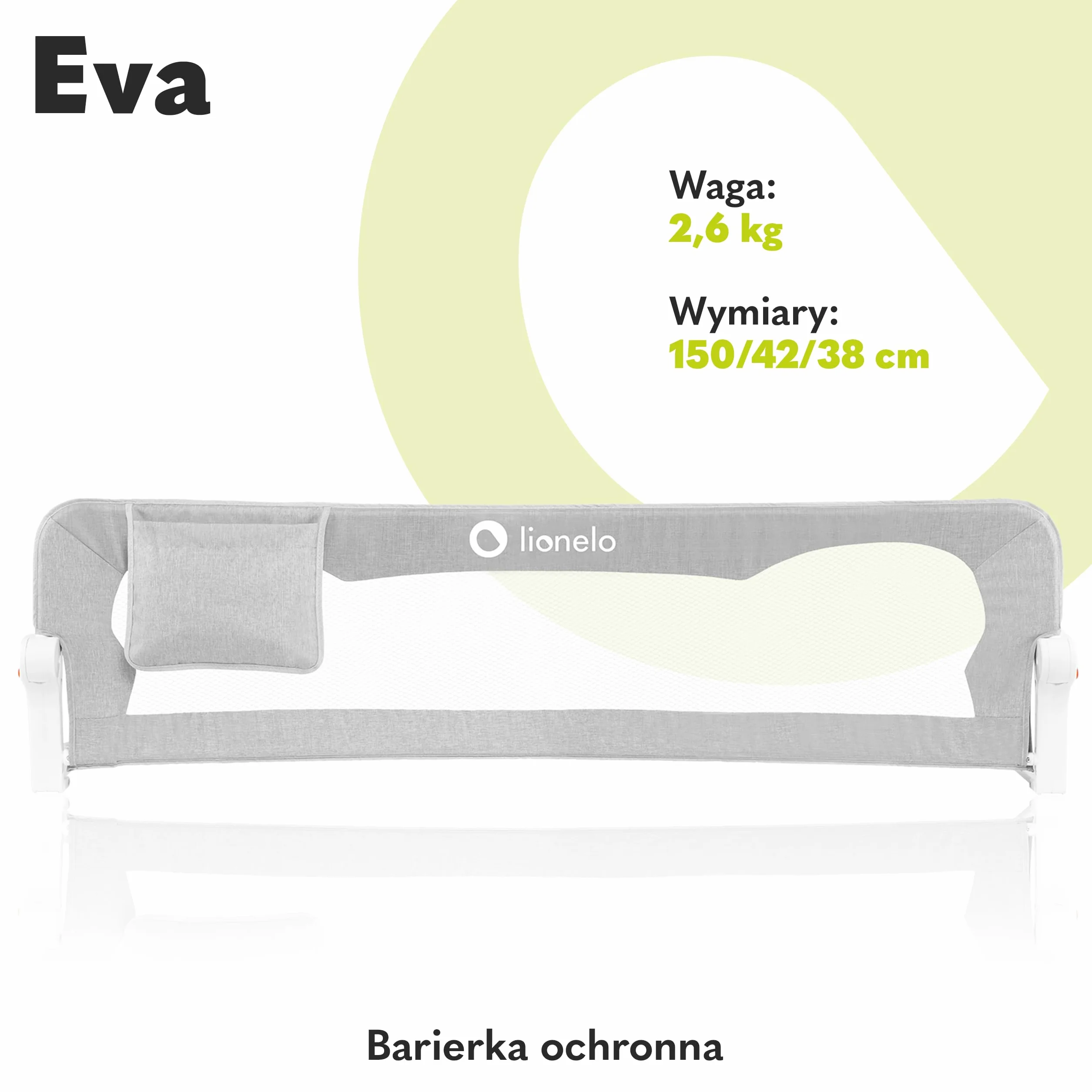 LIONELO Eva Barierka ochronna na łóżko dla dzieci, składana 180°, 150 x 35 x 42 cm, blokada StandSafe, pasy SecureBelt, przewiewna siatka, łatwy montaż, certyfikaty bezpieczeństwa – Szara