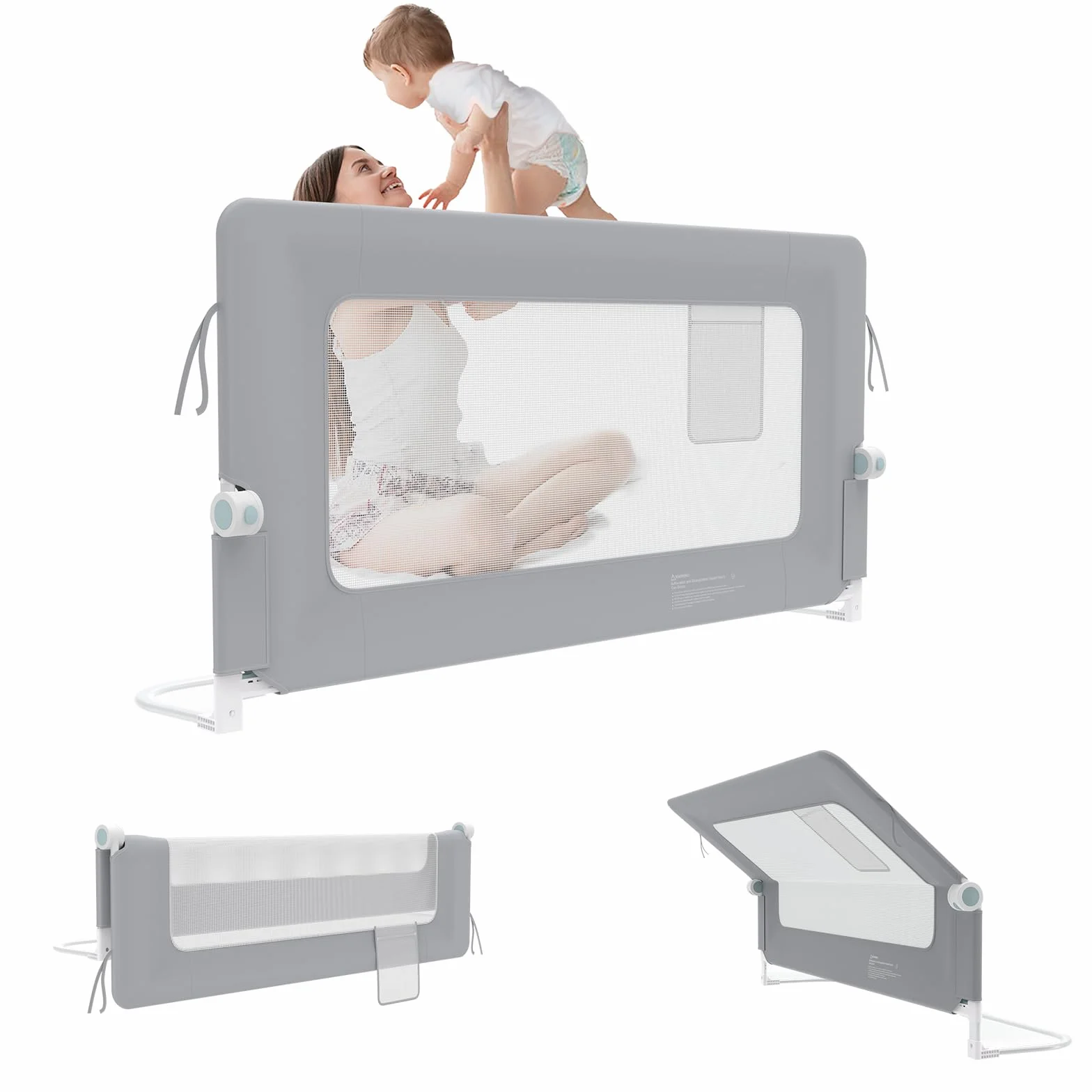 UISEBRT Barierka ochronna do łóżeczka dziecięcego, 150 cm, składana, ochrona przed wypadnięciem, z regulacją wysokości, oddychająca kratka do łóżeczka dziecięcego z torbą do przechowywania, szara