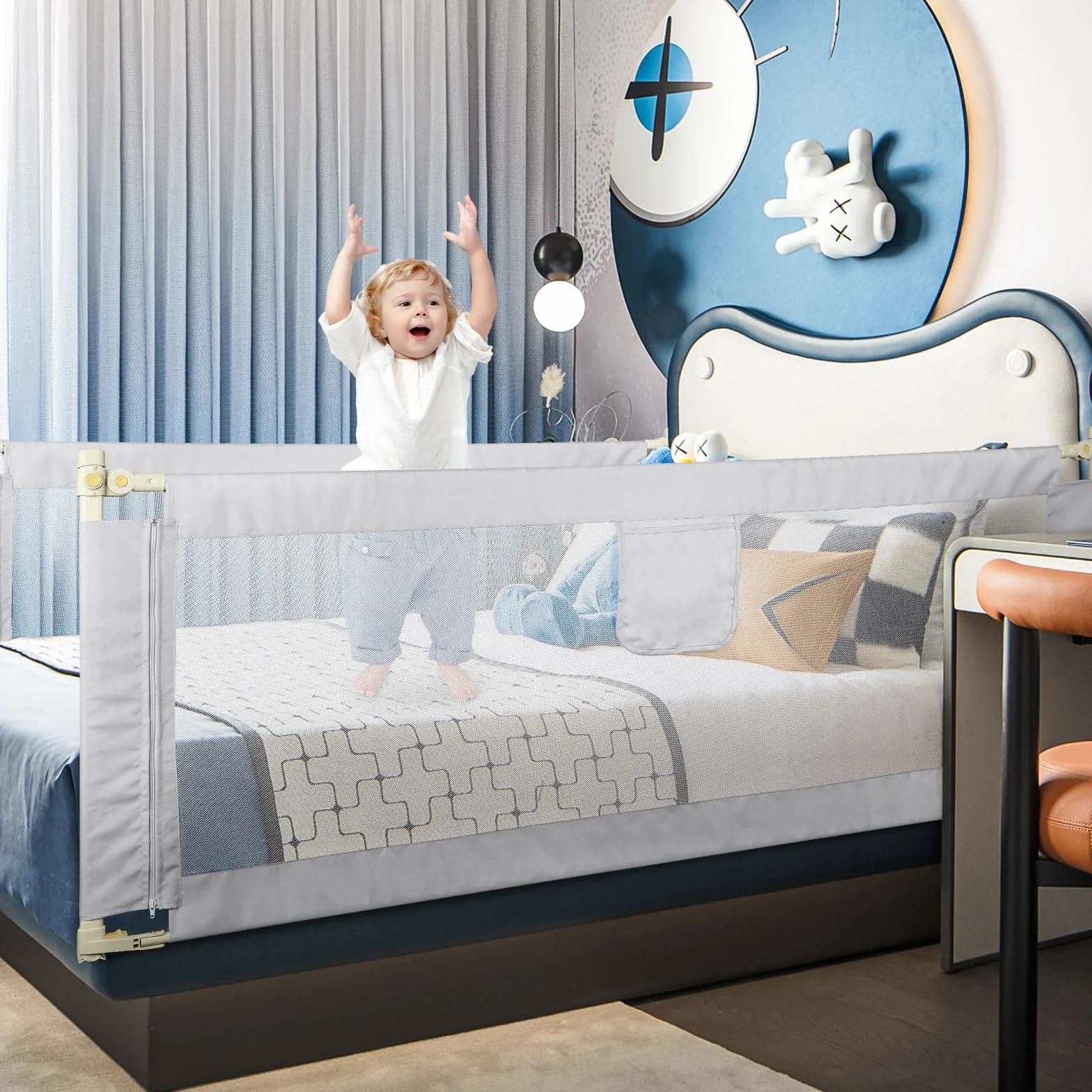 OHMG 180 cm balustrady łóżkowe, bariery bezpieczeństwa dla dzieci, bariera bezpieczeństwa łóżko, regulowana wysokość, przenośna bariera łóżka pionowa podnoszenie, ochrona przed upadkiem