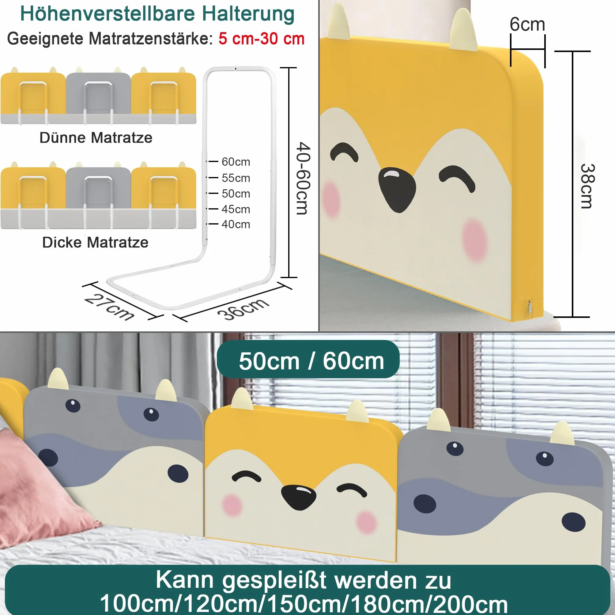 UISEBRT Barierka ochronna do łóżeczka dziecięcego, 50 cm, ochrona przed wypadnięciem, 5-otworowa regulacja wysokości, zabezpieczenie dla małych dzieci, niemowląt i dzieci (szara krowa)