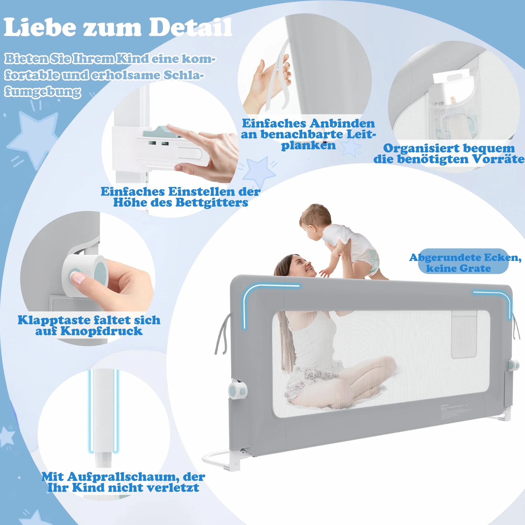 UISEBRT Barierka ochronna do łóżeczka dziecięcego, 150 cm, składana, ochrona przed wypadnięciem, z regulacją wysokości, oddychająca kratka do łóżeczka dziecięcego z torbą do przechowywania, szara